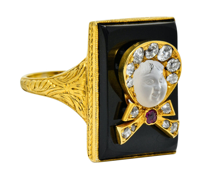 Victorian Moonstone Diamond Ruby Onyx Platinum Gold Carved Baby Face Ring - Wilson's Estate Jewelry