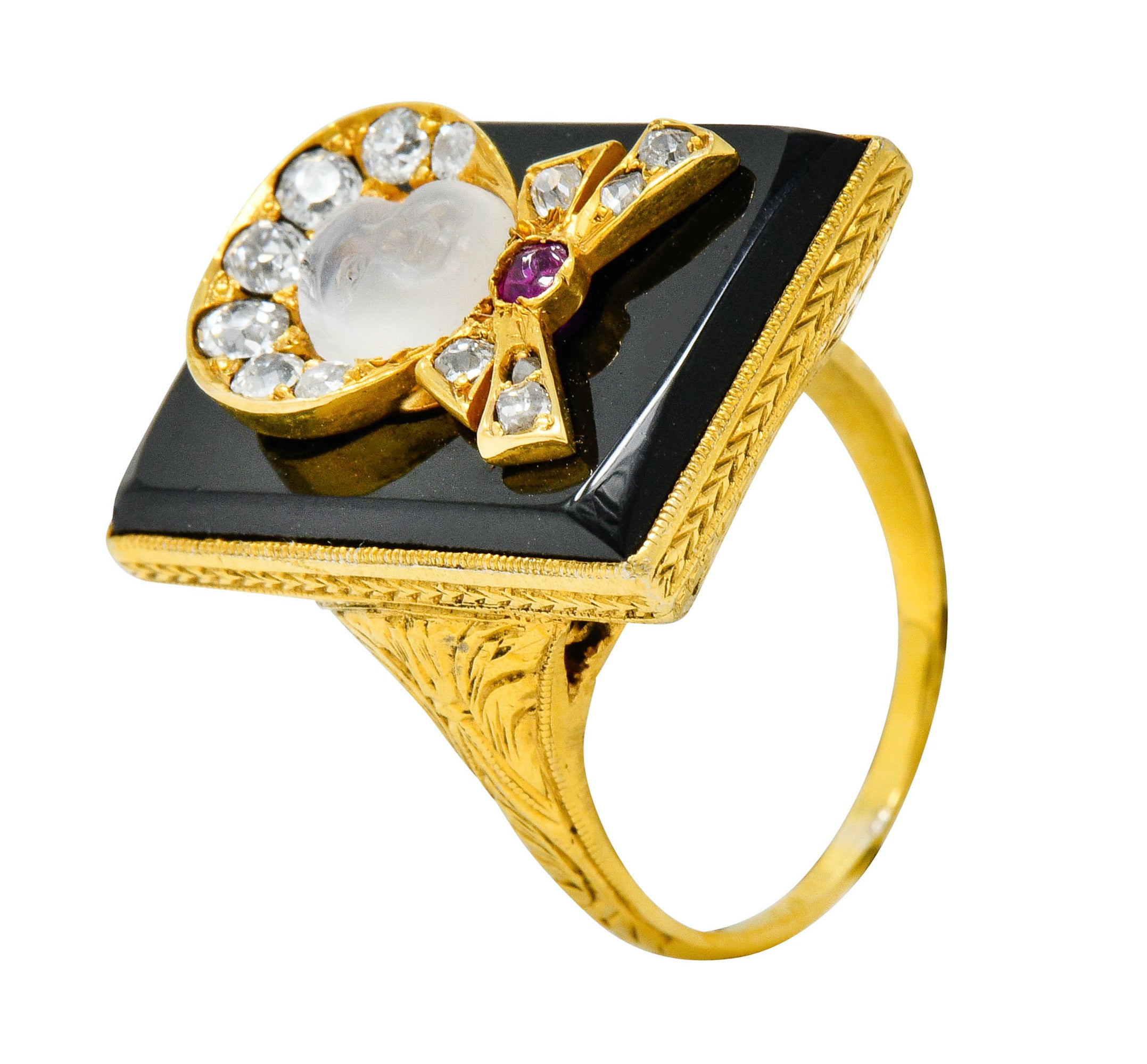 Victorian Moonstone Diamond Ruby Onyx Platinum Gold Carved Baby Face Ring - Wilson's Estate Jewelry