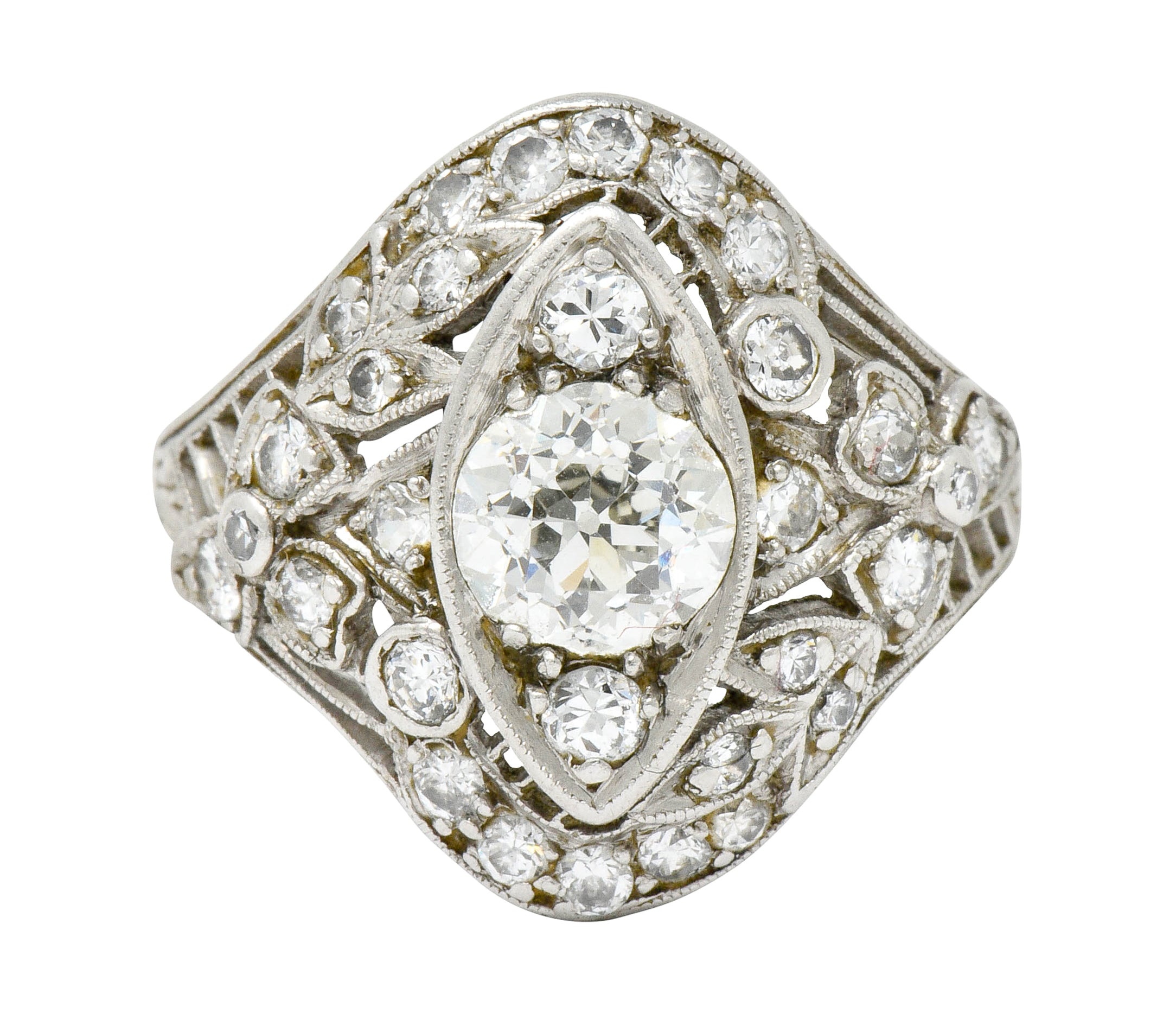 Edwardian 1.68 CTW Diamond Platinum Foliate Navette Dinner Ring - Wilson's Estate Jewelry