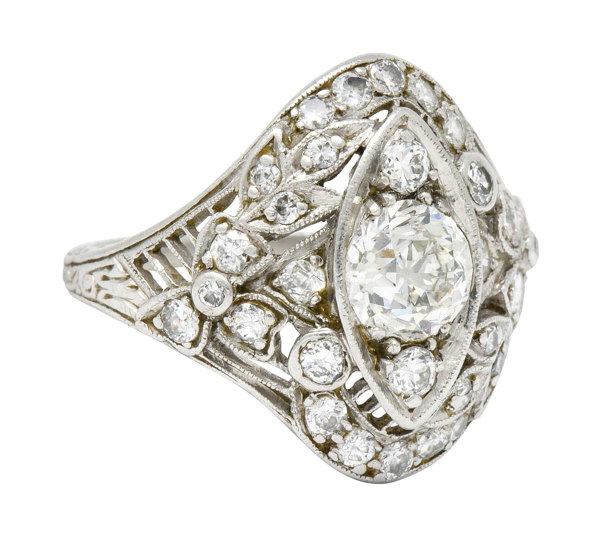 Edwardian 1.68 CTW Diamond Platinum Foliate Navette Dinner Ring - Wilson's Estate Jewelry