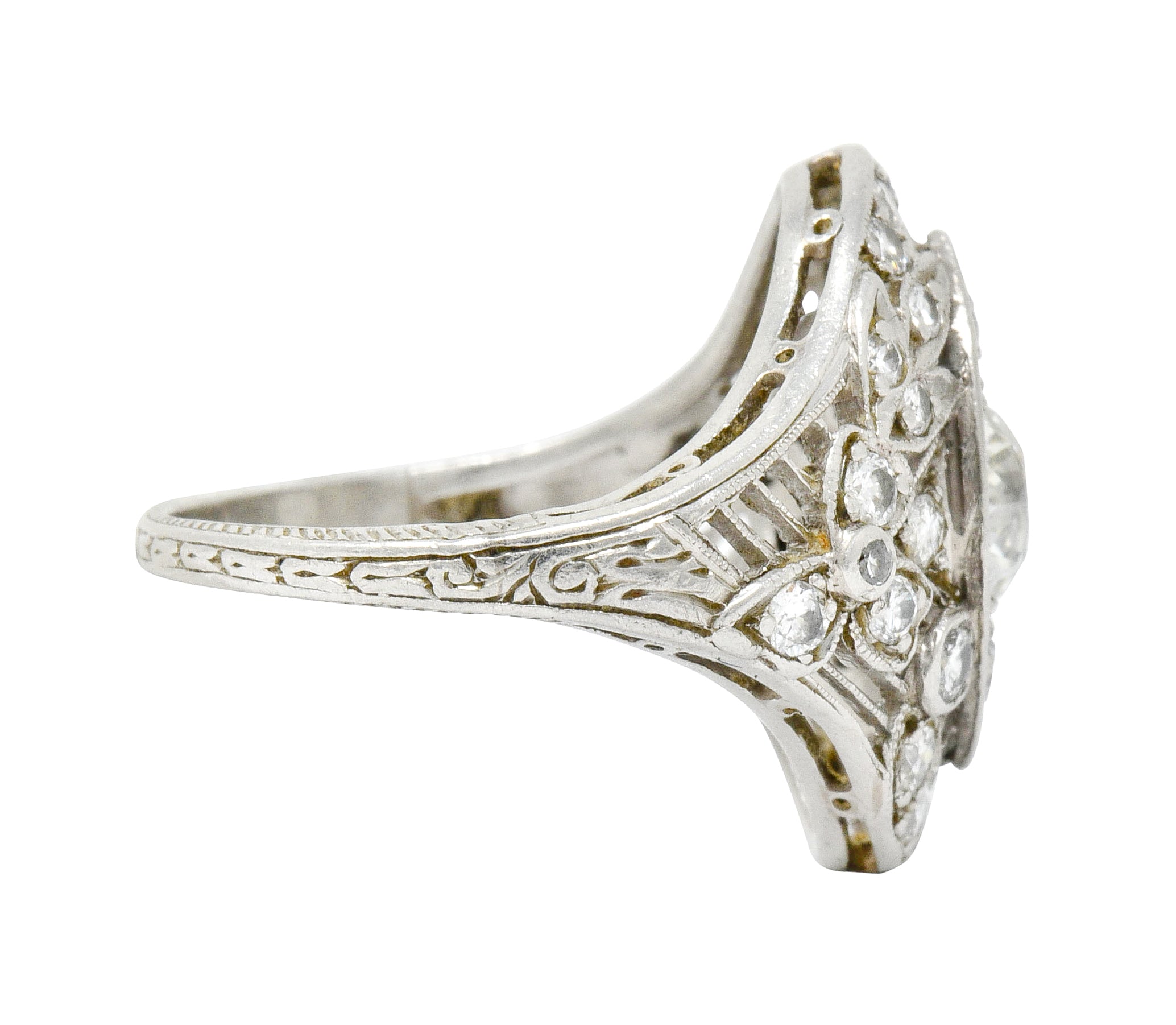 Edwardian 1.68 CTW Diamond Platinum Foliate Navette Dinner Ring - Wilson's Estate Jewelry