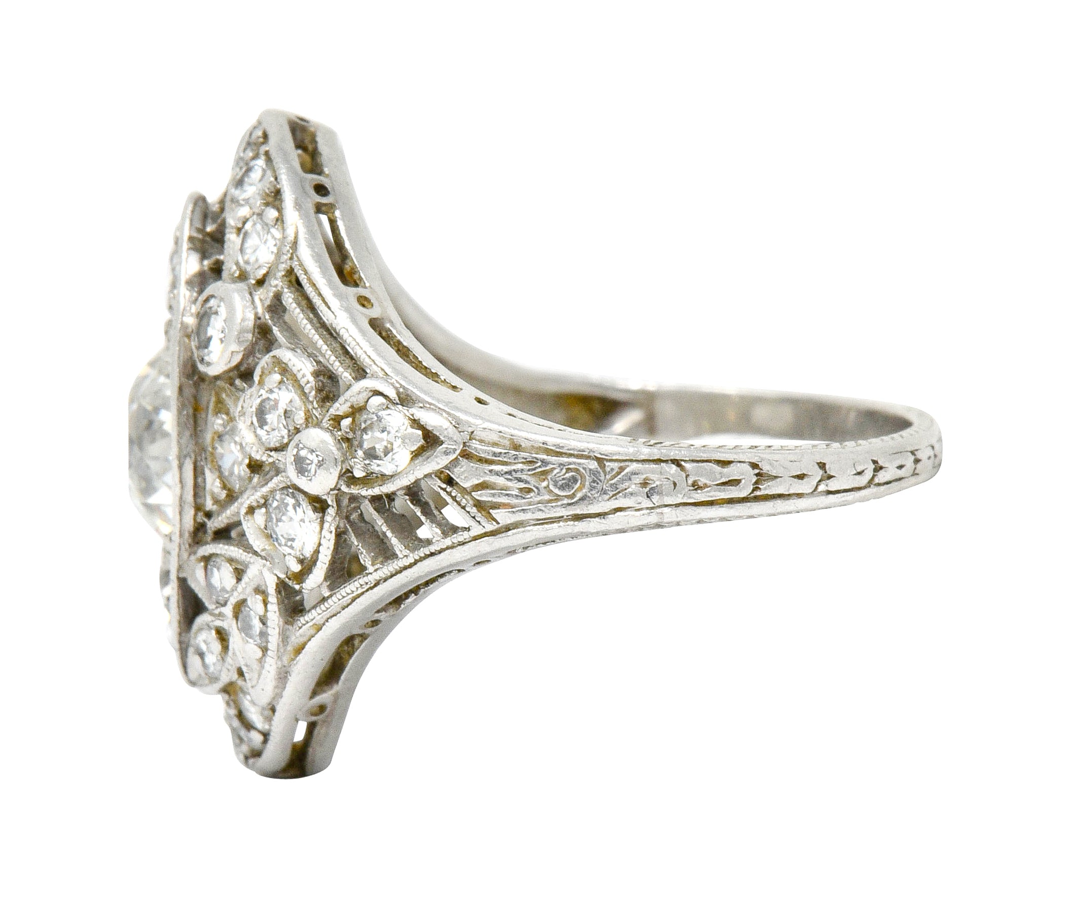 Edwardian 1.68 CTW Diamond Platinum Foliate Navette Dinner Ring - Wilson's Estate Jewelry