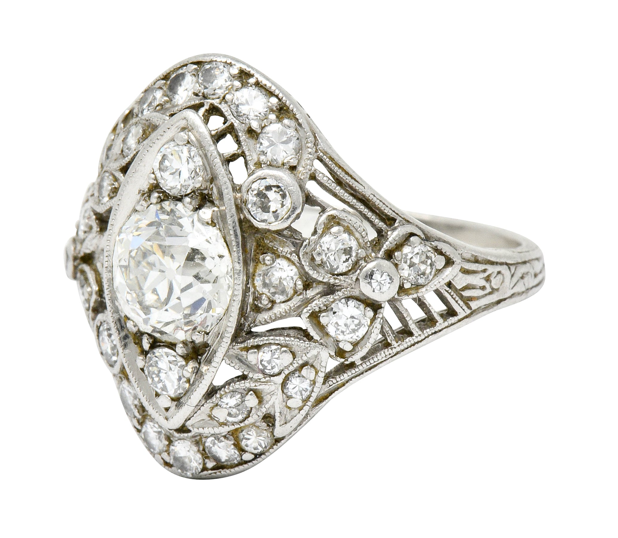 Edwardian 1.68 CTW Diamond Platinum Foliate Navette Dinner Ring - Wilson's Estate Jewelry