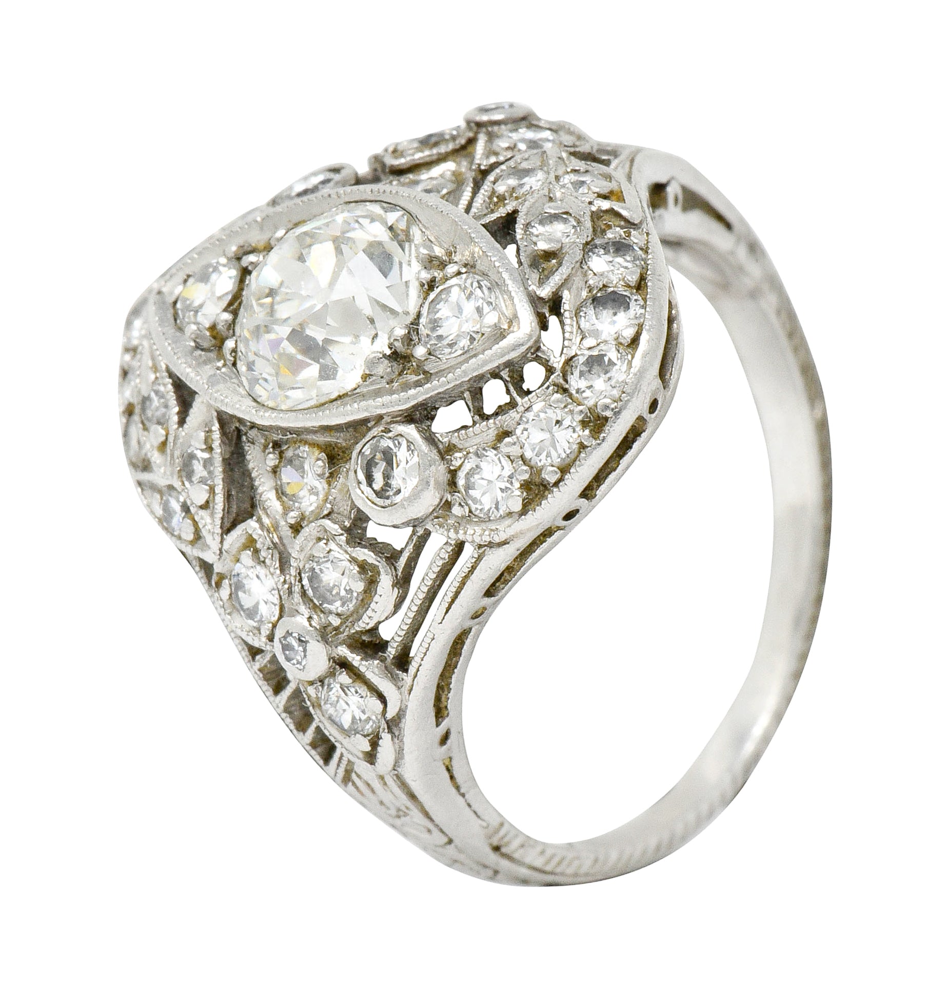 Edwardian 1.68 CTW Diamond Platinum Foliate Navette Dinner Ring - Wilson's Estate Jewelry