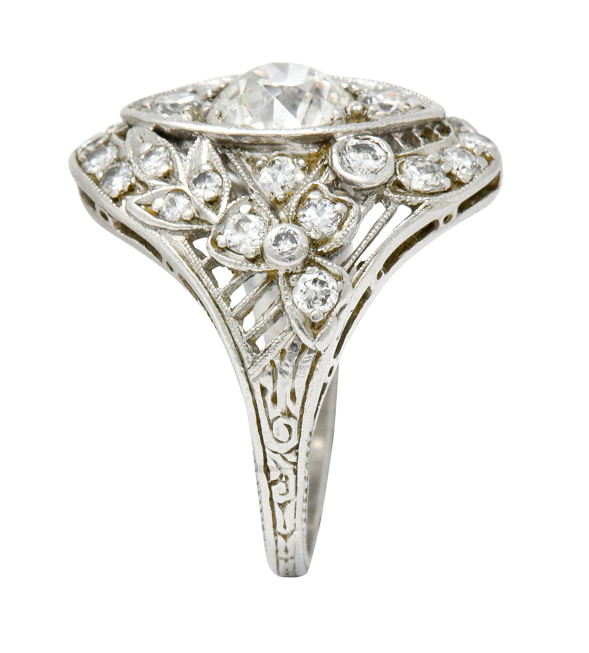 Edwardian 1.68 CTW Diamond Platinum Foliate Navette Dinner Ring - Wilson's Estate Jewelry