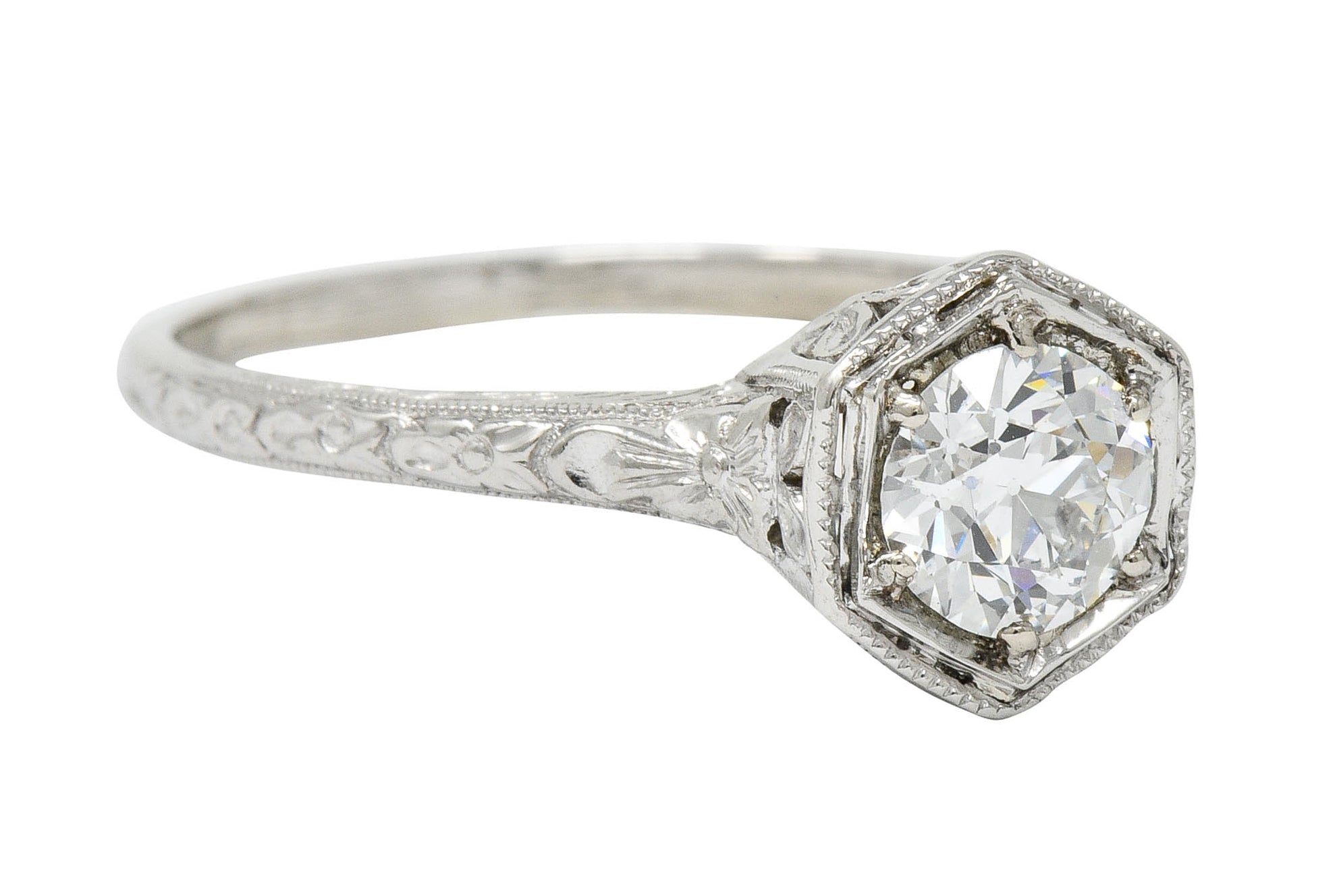 Edwardian 0.65 CTW Diamond Platinum Floral Hexagonal Engagement Ring - Wilson's Estate Jewelry