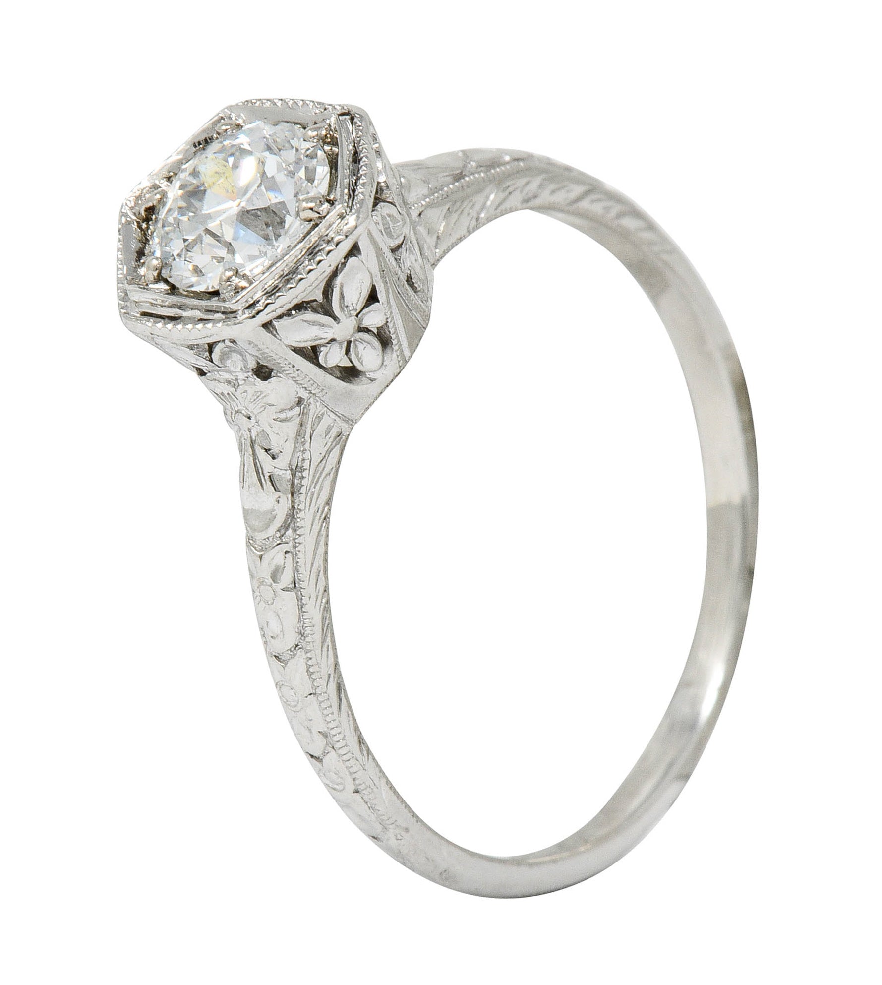 Edwardian 0.65 CTW Diamond Platinum Floral Hexagonal Engagement Ring - Wilson's Estate Jewelry