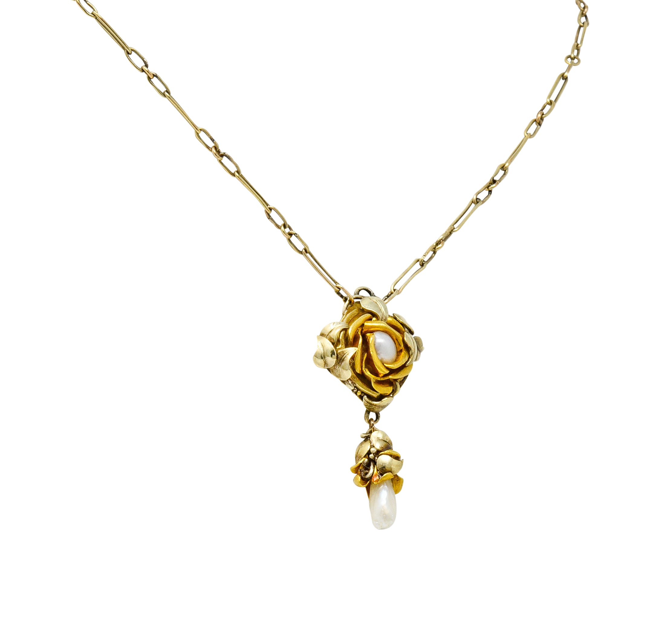 Arts & Crafts Pearl 14 Karat Two-Tone Gold Rose Drop NecklaceNecklace - Wilson's Estate Jewelry