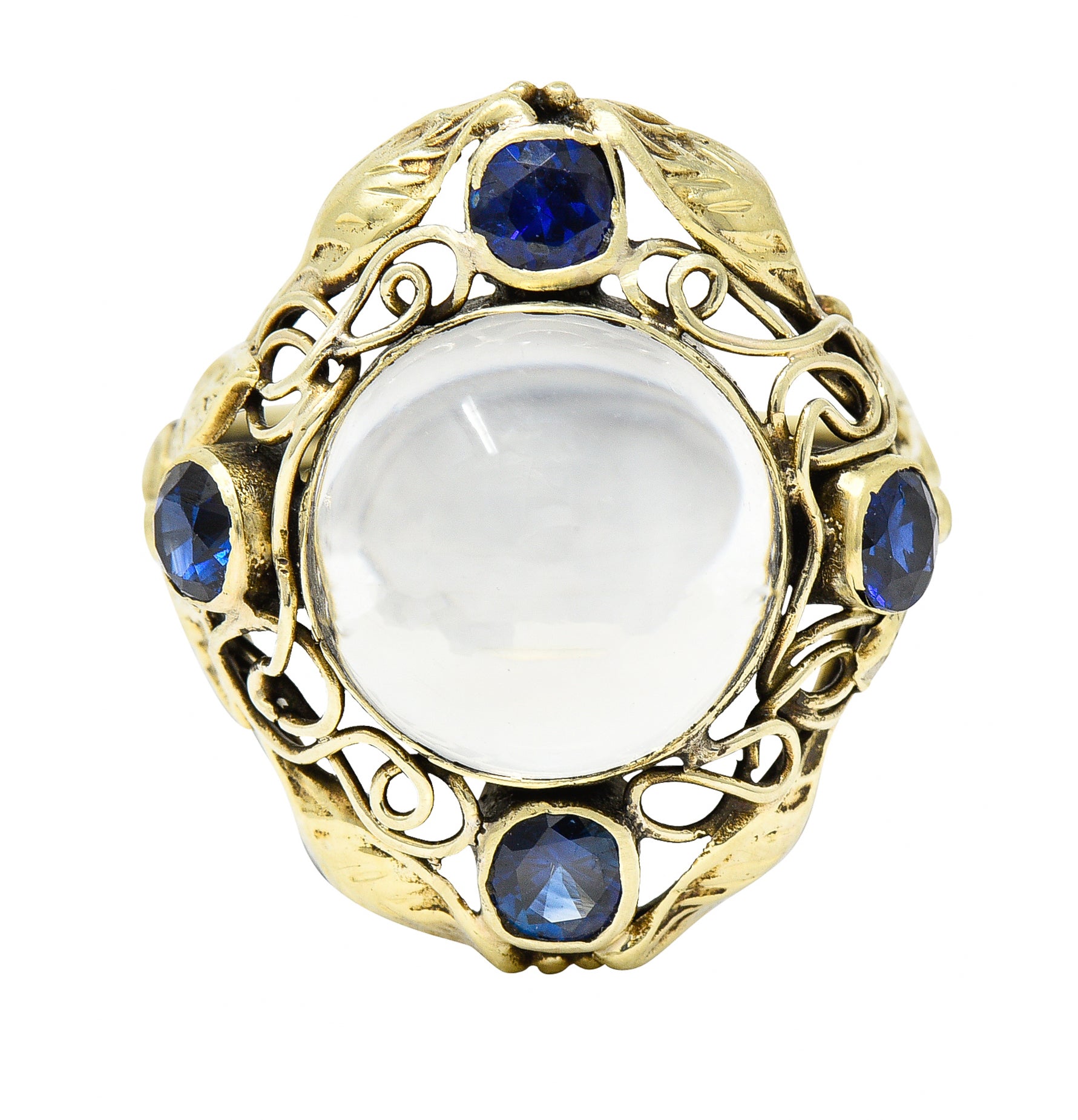 Arts & Crafts Moonstone 1.00 CTW Sapphire 14 Karat Green Gold Floral RingRing - Wilson's Estate Jewelry