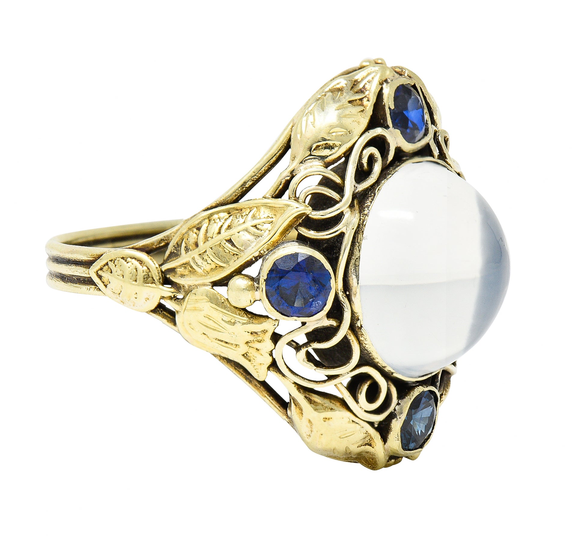 Arts & Crafts Moonstone 1.00 CTW Sapphire 14 Karat Green Gold Floral RingRing - Wilson's Estate Jewelry