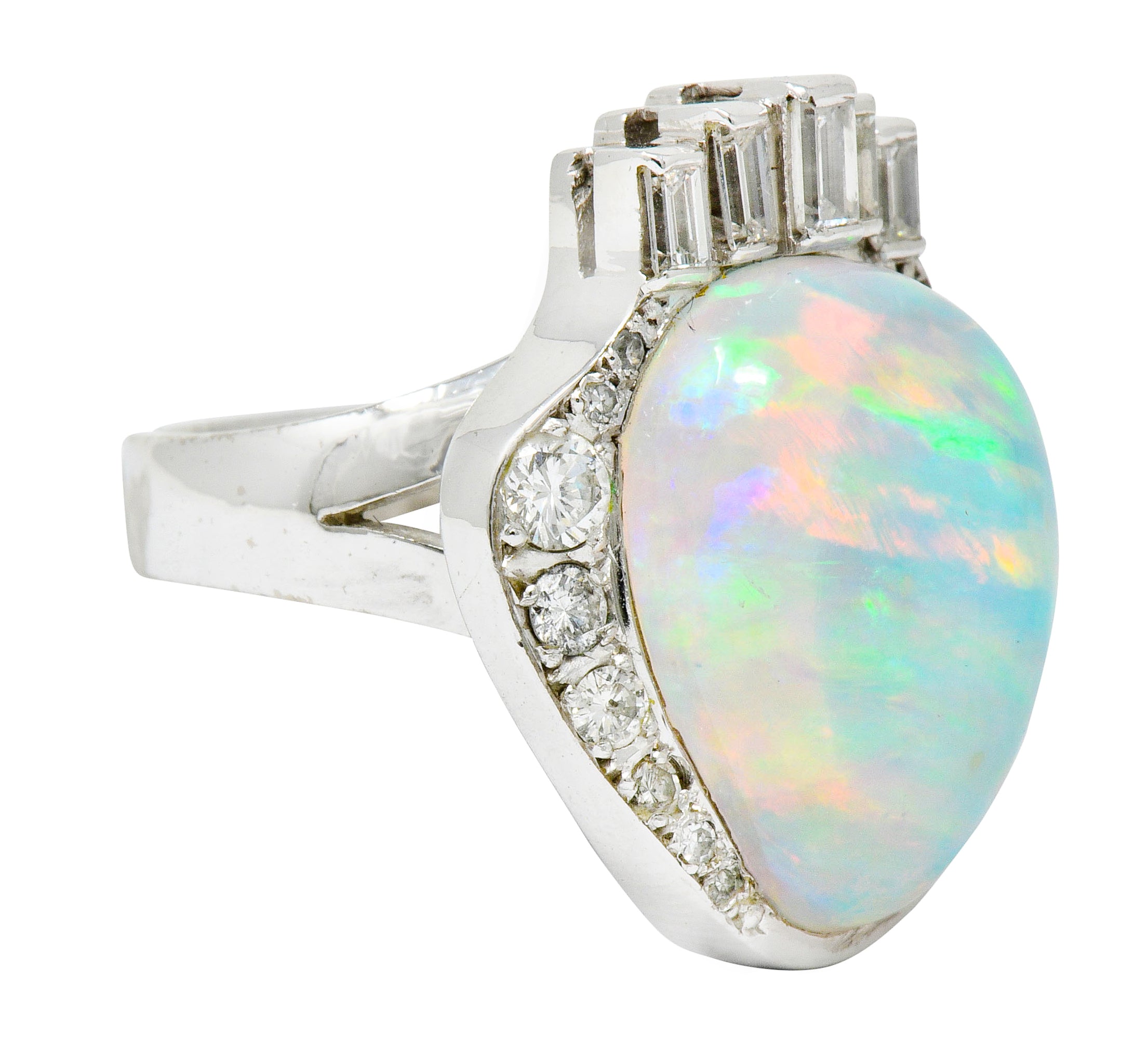 Ethereal Opal Cabochon Diamond 14 Karat White Gold Statement Ring Wilson's Estate Jewelry