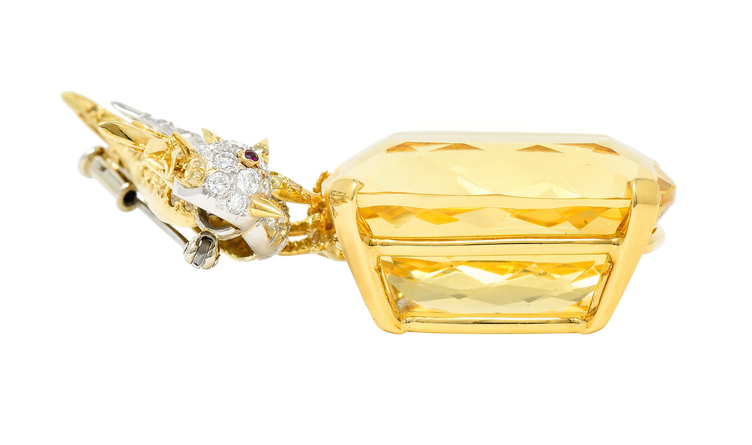 Schlumberger Tiffany & Co. Citrine Yellow Diamond Ruby Platinum 18 Karat Yellow Gold Vintage Bird On A Rock Brooch Wilson's Estate Jewelry