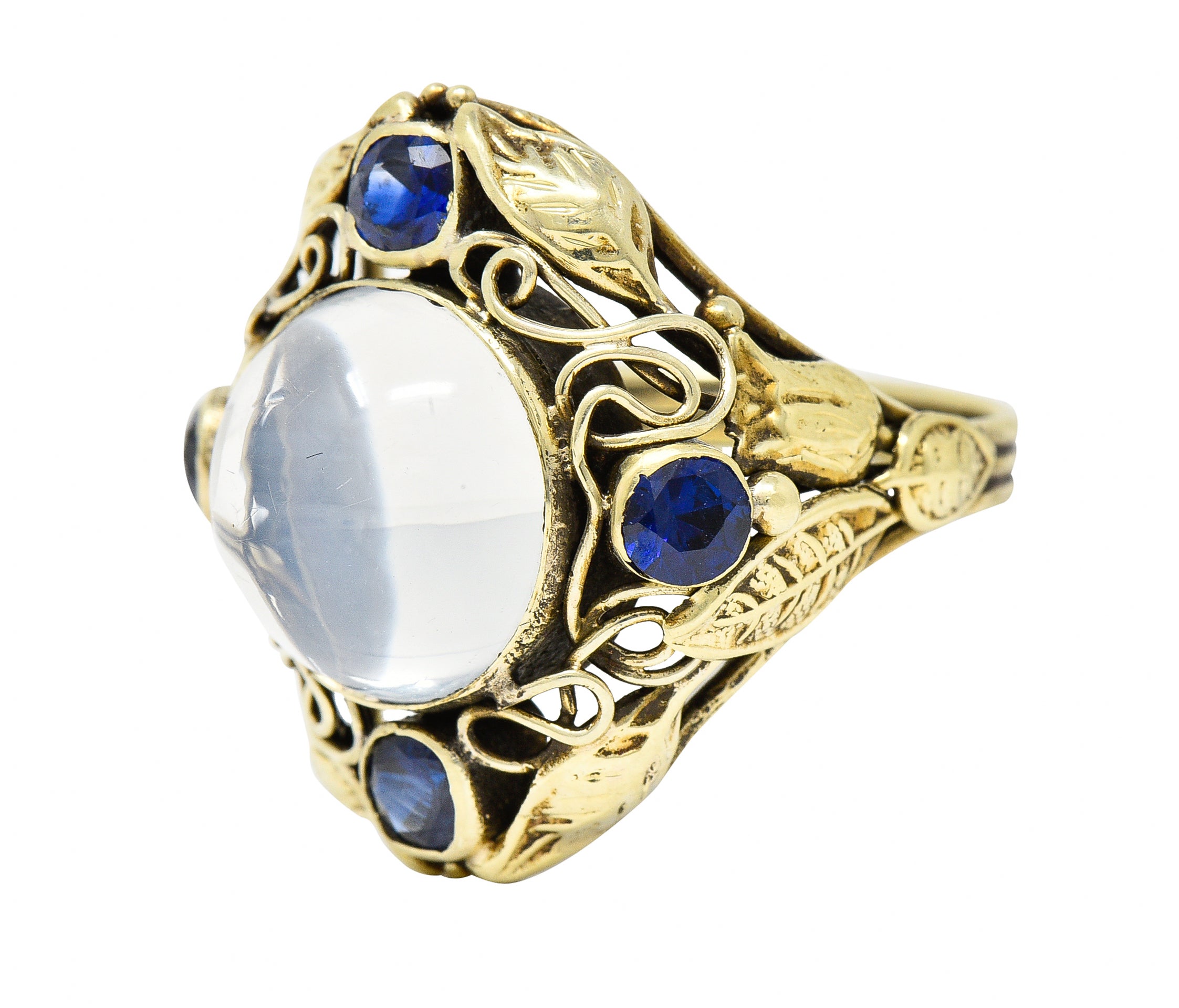 Arts & Crafts Moonstone 1.00 CTW Sapphire 14 Karat Green Gold Floral RingRing - Wilson's Estate Jewelry