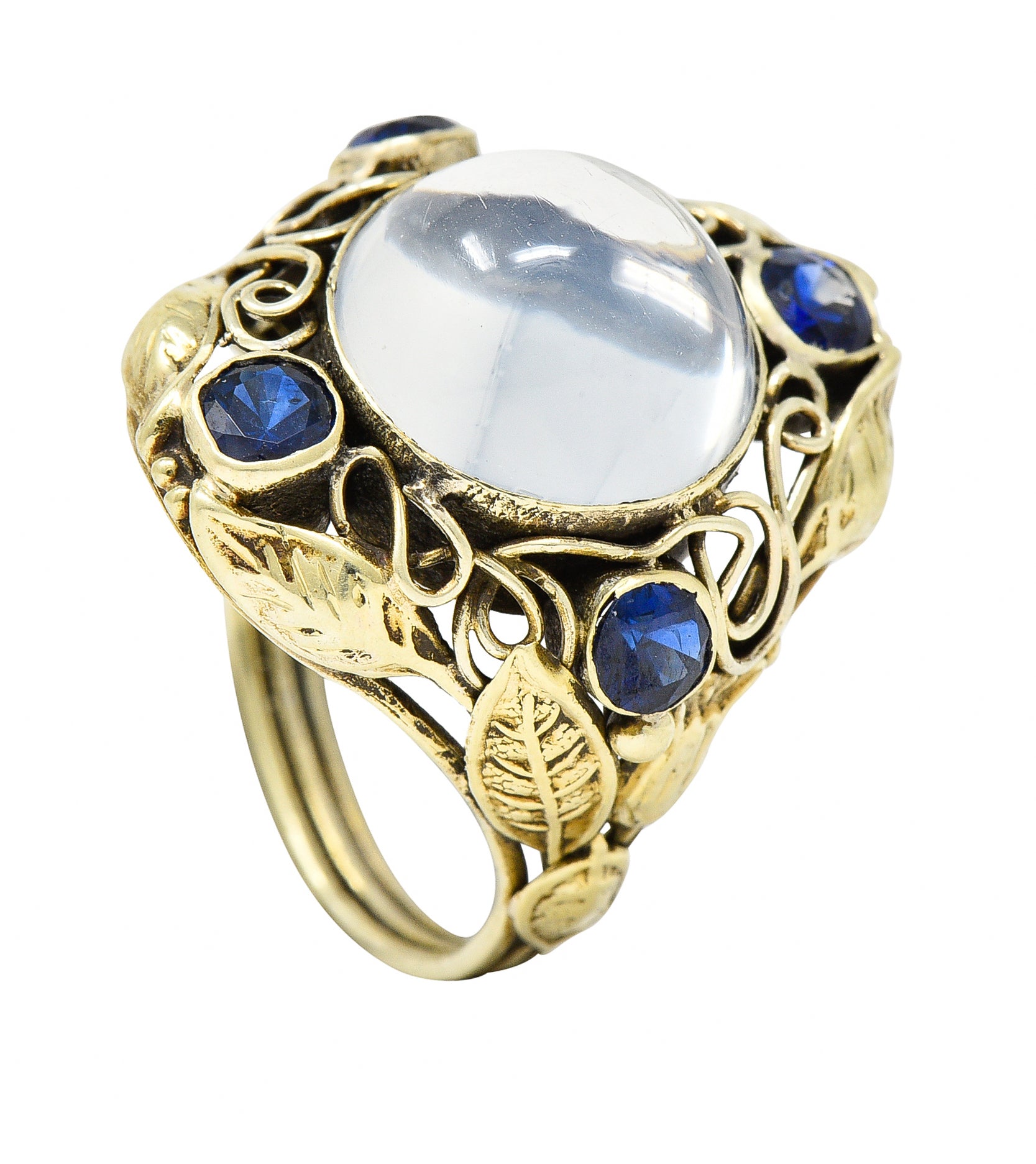 Arts & Crafts Moonstone 1.00 CTW Sapphire 14 Karat Green Gold Floral RingRing - Wilson's Estate Jewelry