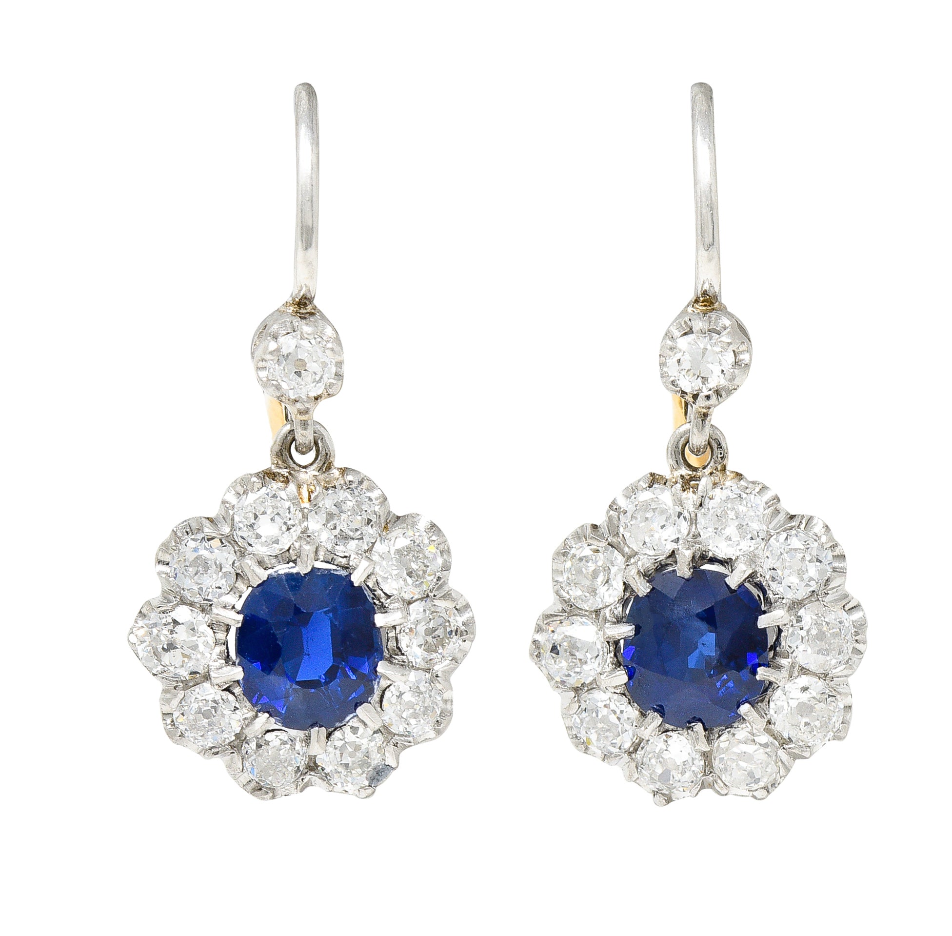 Edwardian 2.95 CTW Cushion Cut No Heat Cambodian Sapphire Old European Cut Diamond Platinum Cluster Antique Drop Earrings GIA Wilson's Estate Jewelry