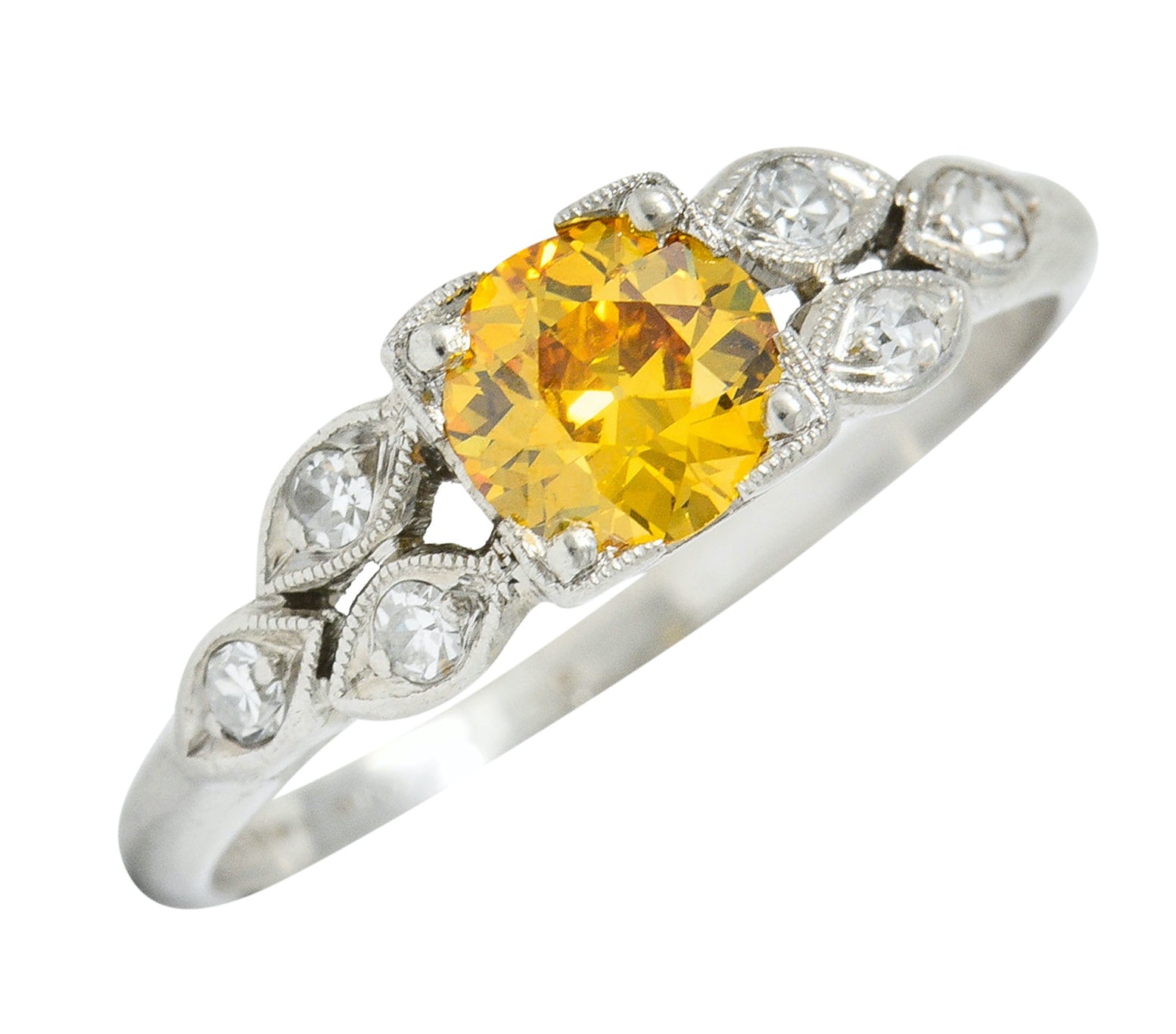 Retro 0.60 CTW Orange-Yellow & White Diamond Platinum Engagement Ring GIARing - Wilson's Estate Jewelry