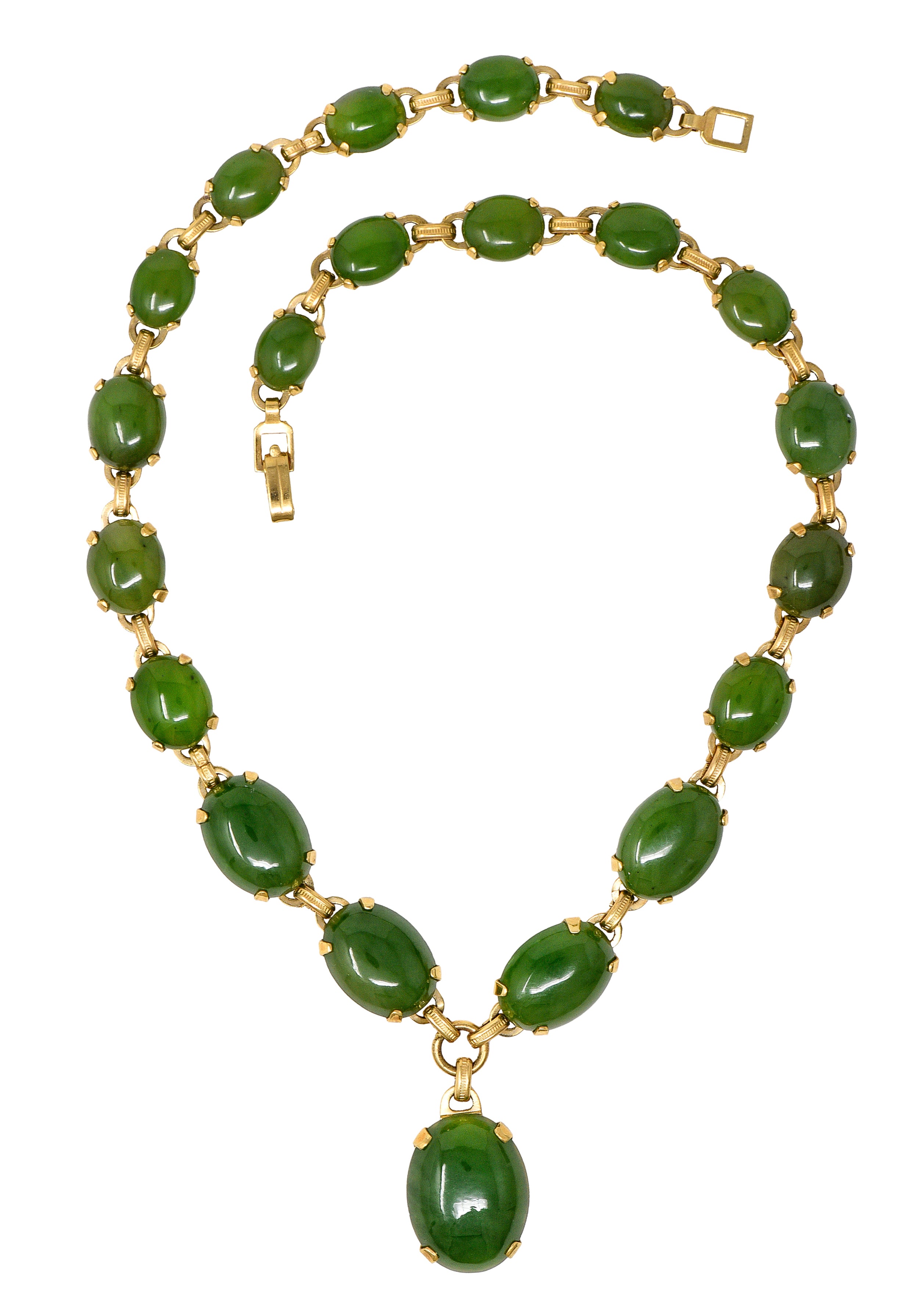 Engel Brothers Art Deco Nephrite Jade 14 Karat Yellow Gold Drop Necklace Wilson's Estate Jewelry