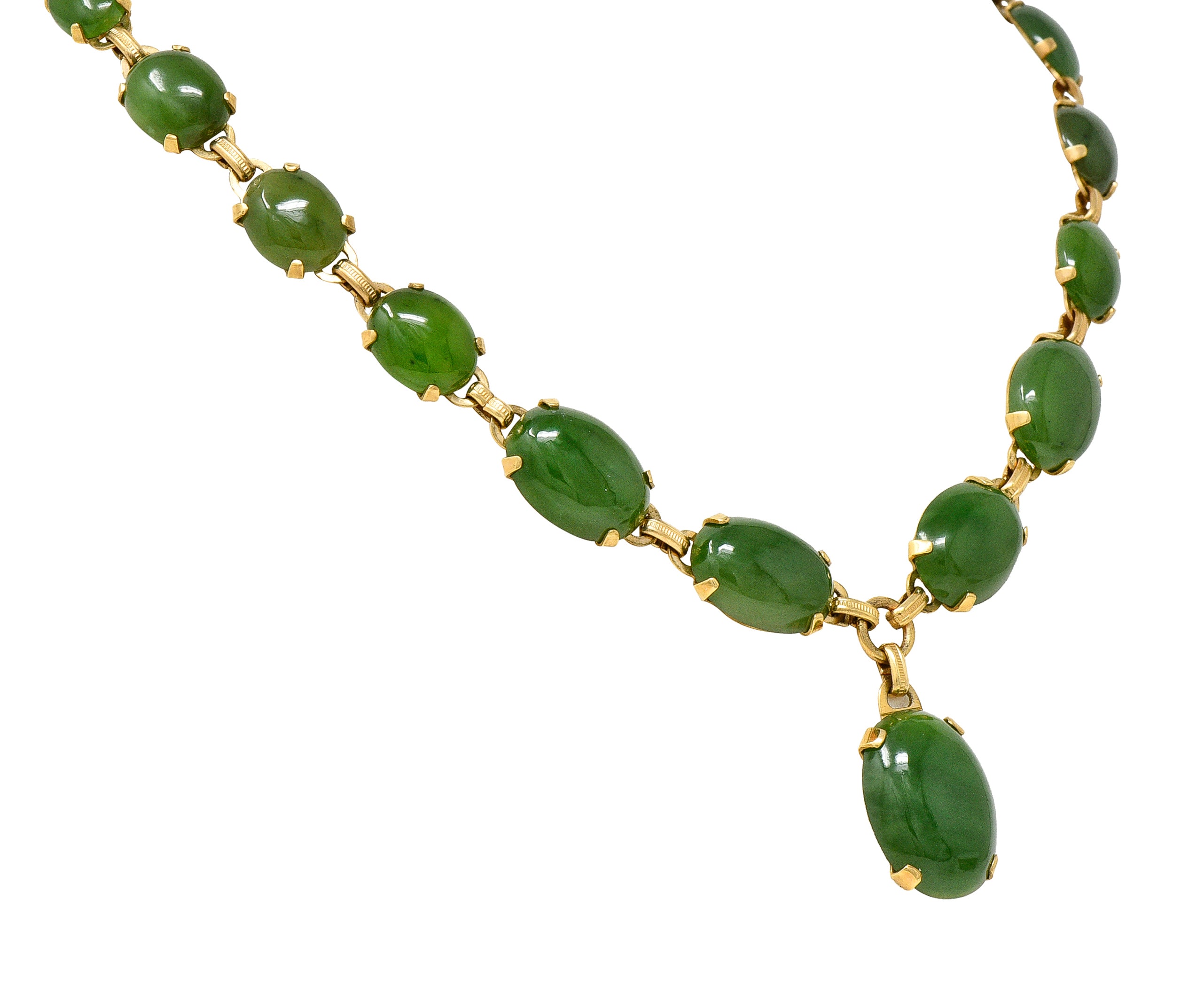 Engel Brothers Art Deco Nephrite Jade 14 Karat Yellow Gold Drop Necklace Wilson's Estate Jewelry