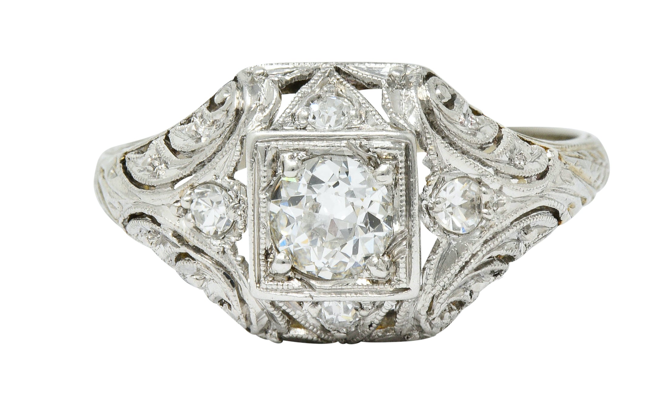 1929 Art Deco 0.45 CTW Diamond Platinum-Topped 18 Karat White Gold Foliate RingRing - Wilson's Estate Jewelry