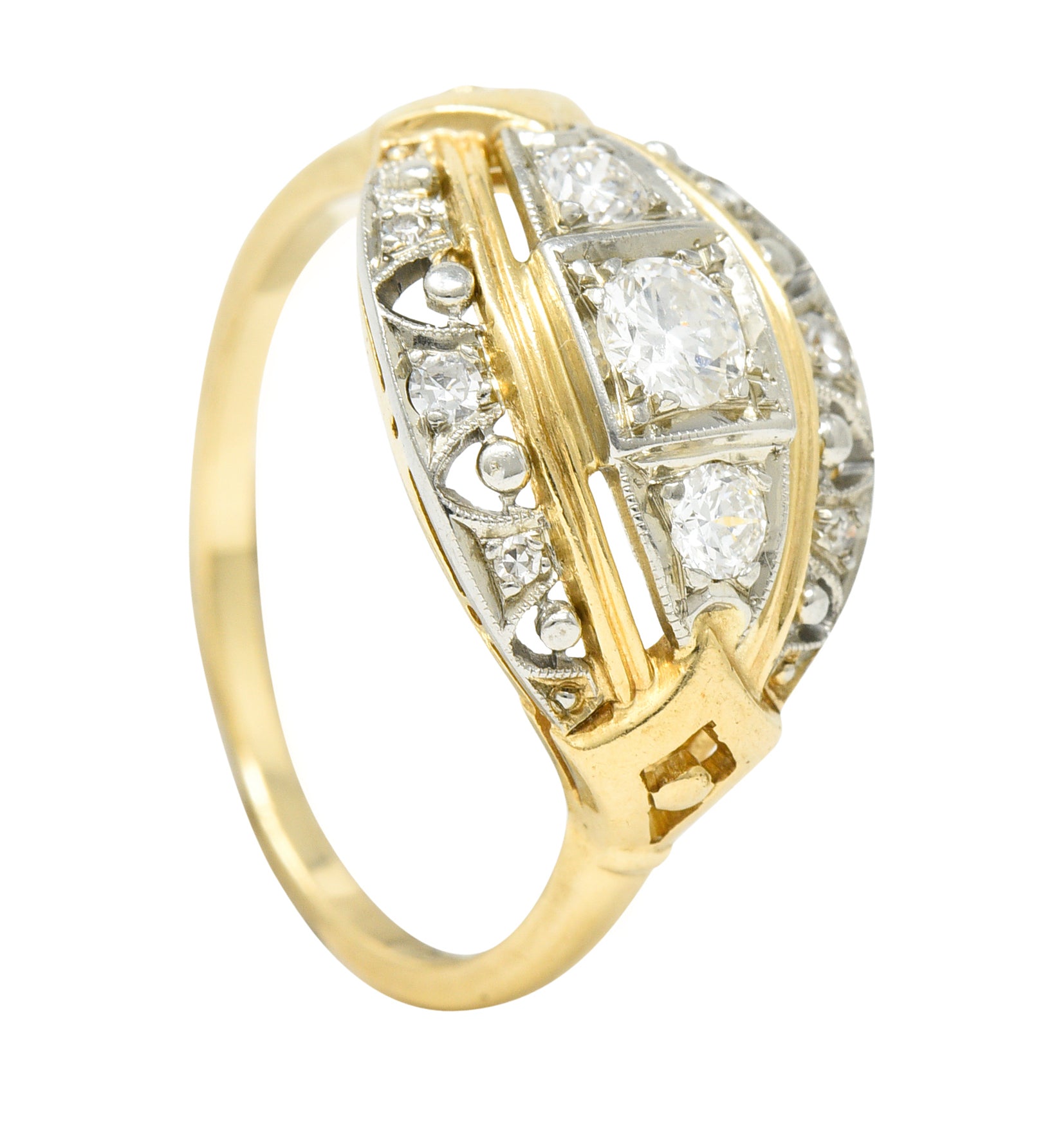 Jabel Art Deco Transitional Cut Diamond 14 Karat Two-Tone Gold Three Stone Bombay Band Ring Wilson's Estate Jewelry