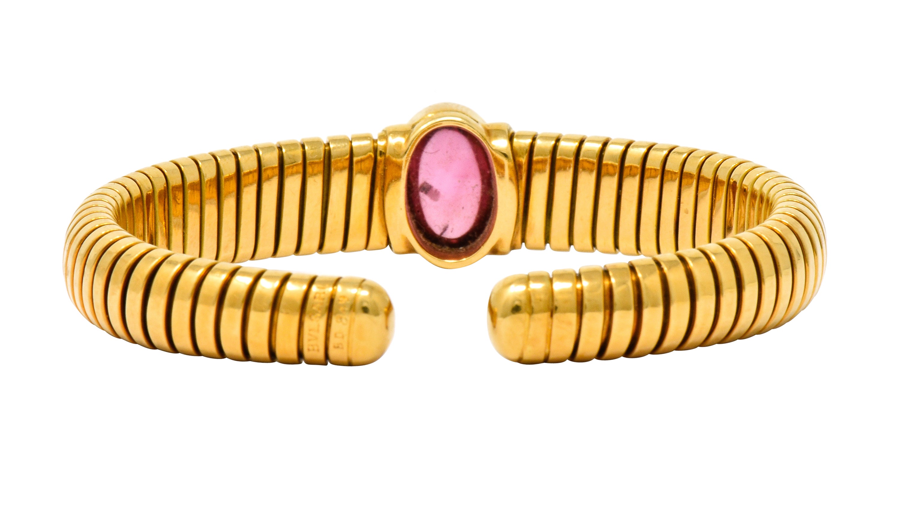 Bulgari Vintage Pink Tourmaline 18 Karat Gold Tubogas Cuff Bracelet - Wilson's Estate Jewelry