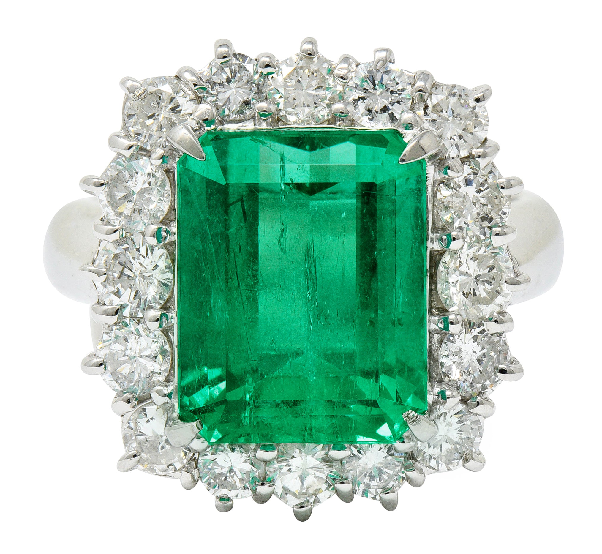 Vivid 7.70 CTW Colombian Emerald Diamond Platinum Cluster Ring GIARing - Wilson's Estate Jewelry