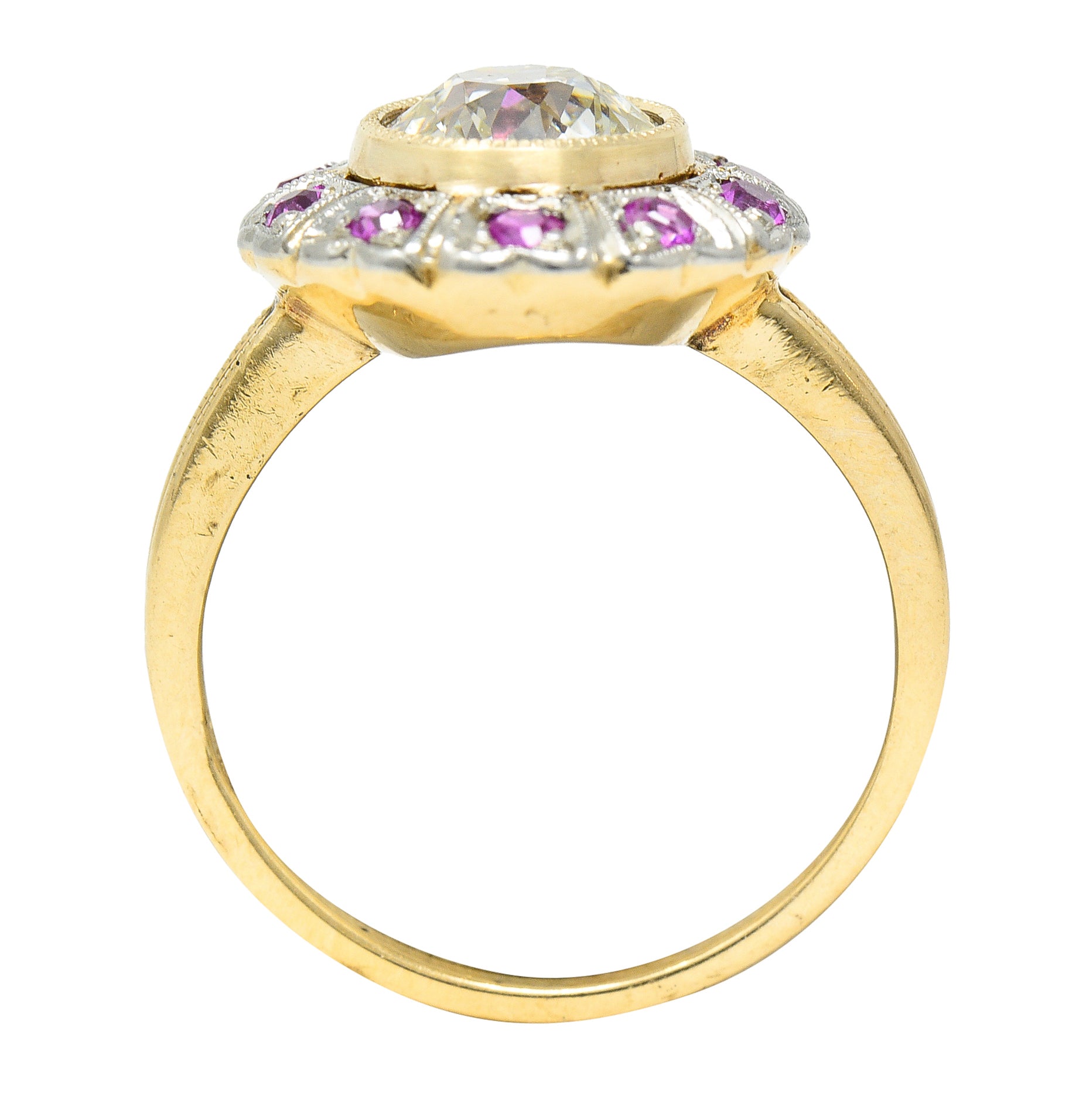 Edwardian 1.49 CTW Old European Diamond Ruby Platinum-Topped 14 Karat Yellow Gold Halo Antique Engagement Ring GIA Wilson's Estate Jewelry