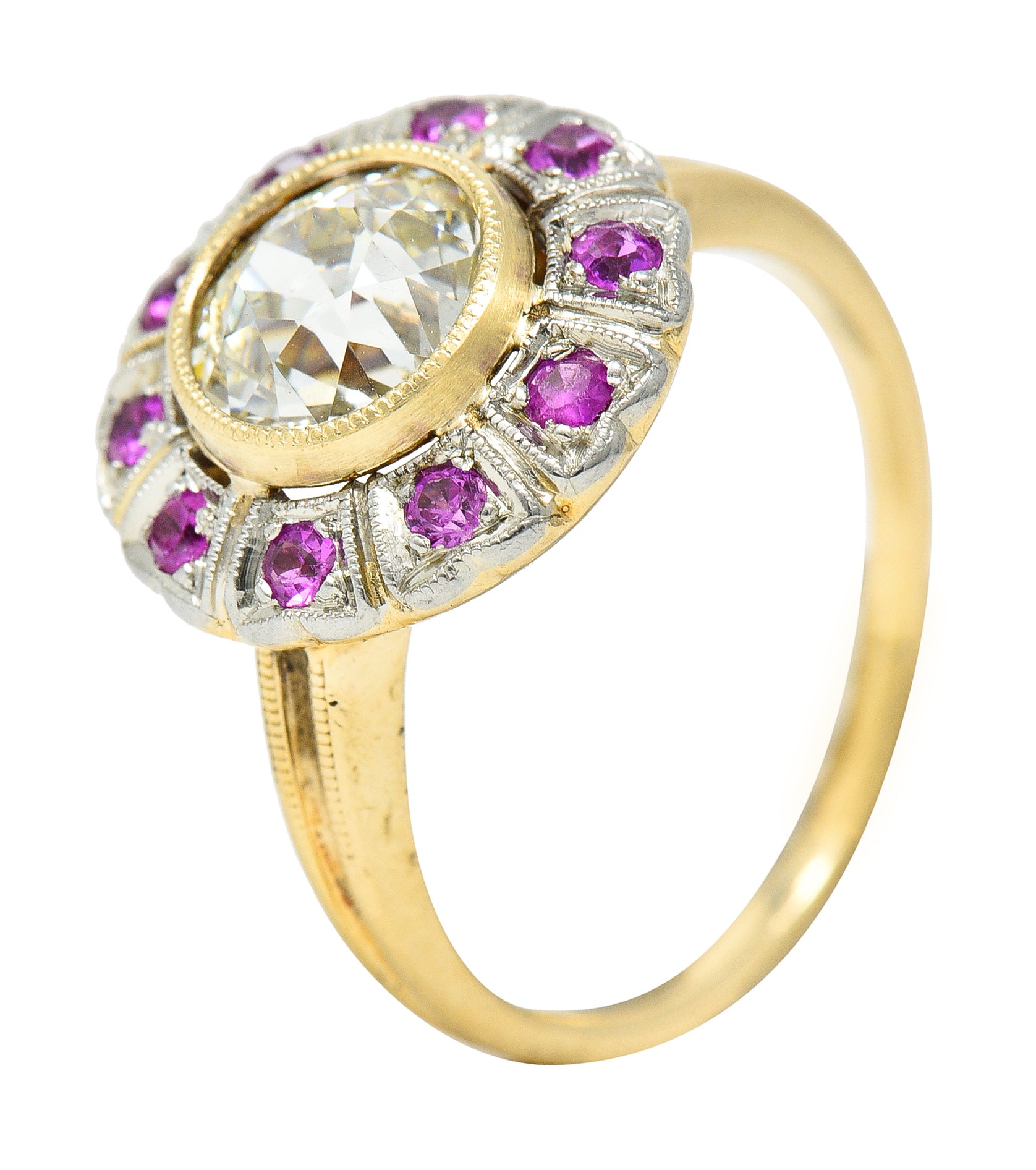 Edwardian 1.49 CTW Old European Diamond Ruby Platinum-Topped 14 Karat Yellow Gold Halo Antique Engagement Ring GIA Wilson's Estate Jewelry