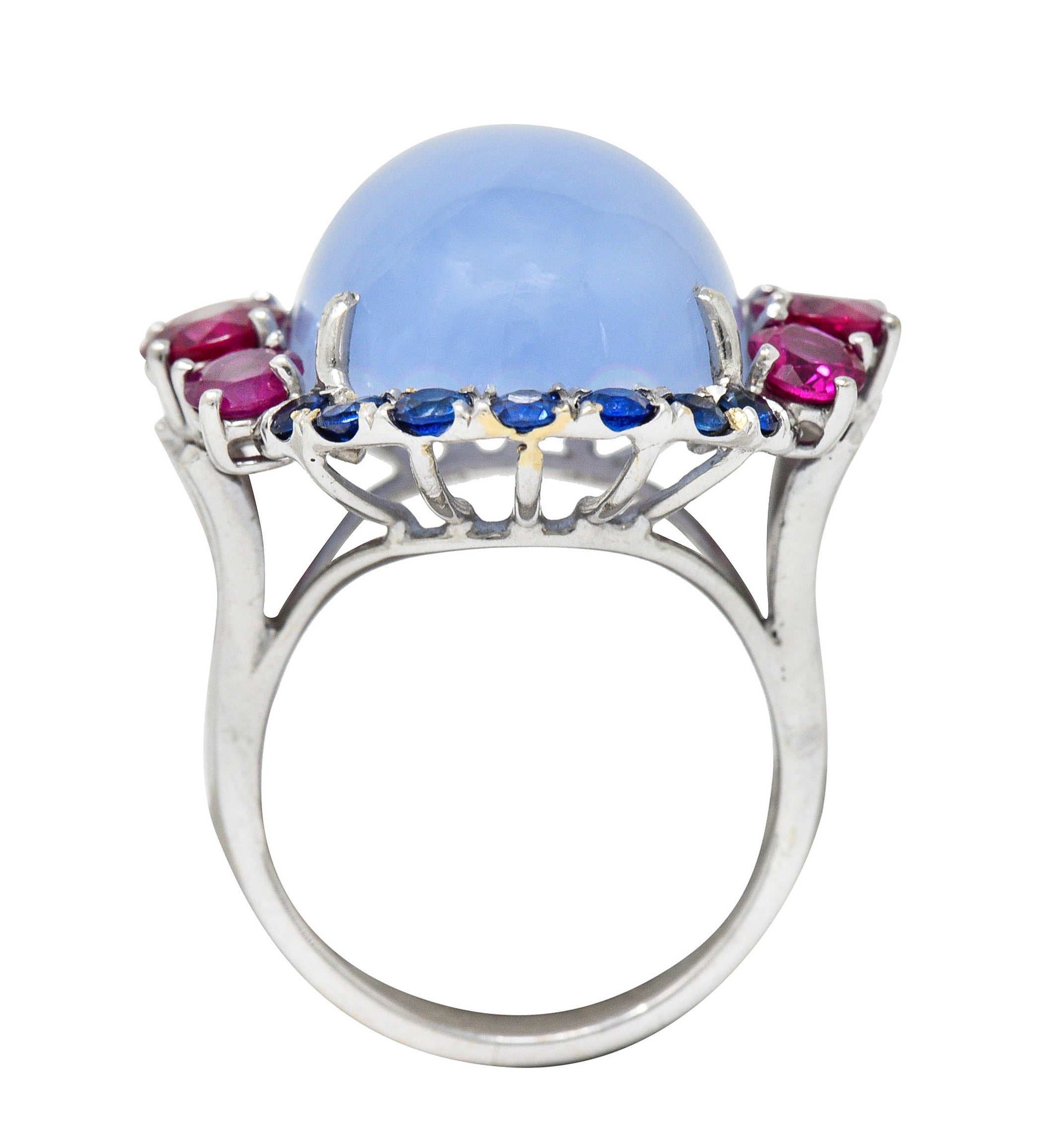 Vintage Blue Chalcedony 2.55 CTW Ruby Sapphire 18 Karat White Gold Cocktail RingRing - Wilson's Estate Jewelry