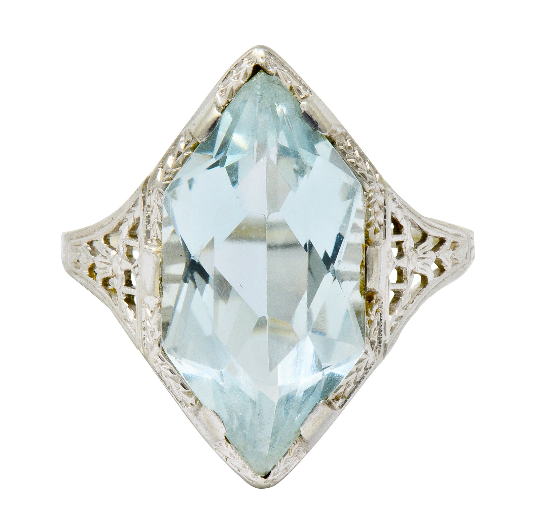 Art Deco Aquamarine 18 Karat White Gold Navette Dinner Ring - Wilson's Estate Jewelry