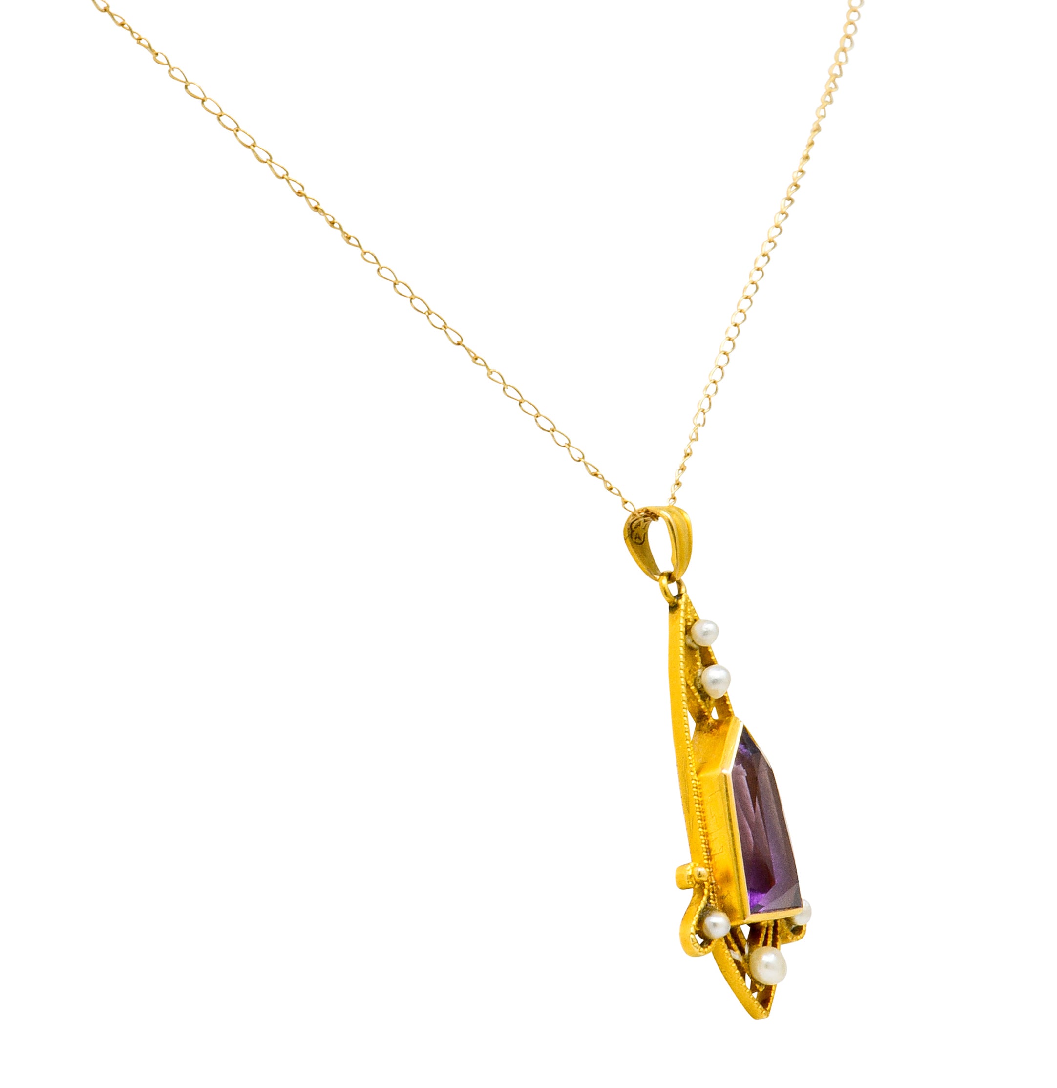 Art Nouveau Freshwater Pearl Fantasy Cut Amethyst 14 Karat Gold Pendant Necklace - Wilson's Estate Jewelry