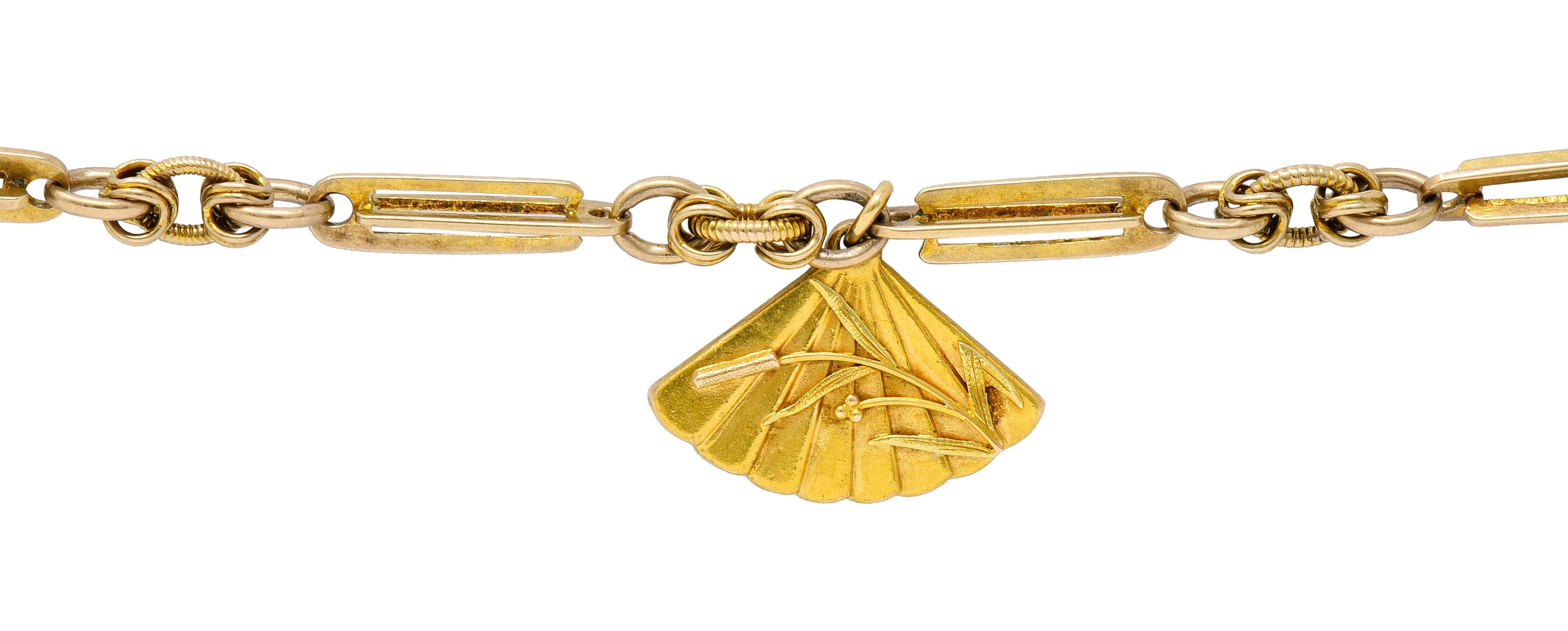 Art Nouveau 14 Karat Tri-Color Gold Cattail Fan Charm Braceletbracelet - Wilson's Estate Jewelry