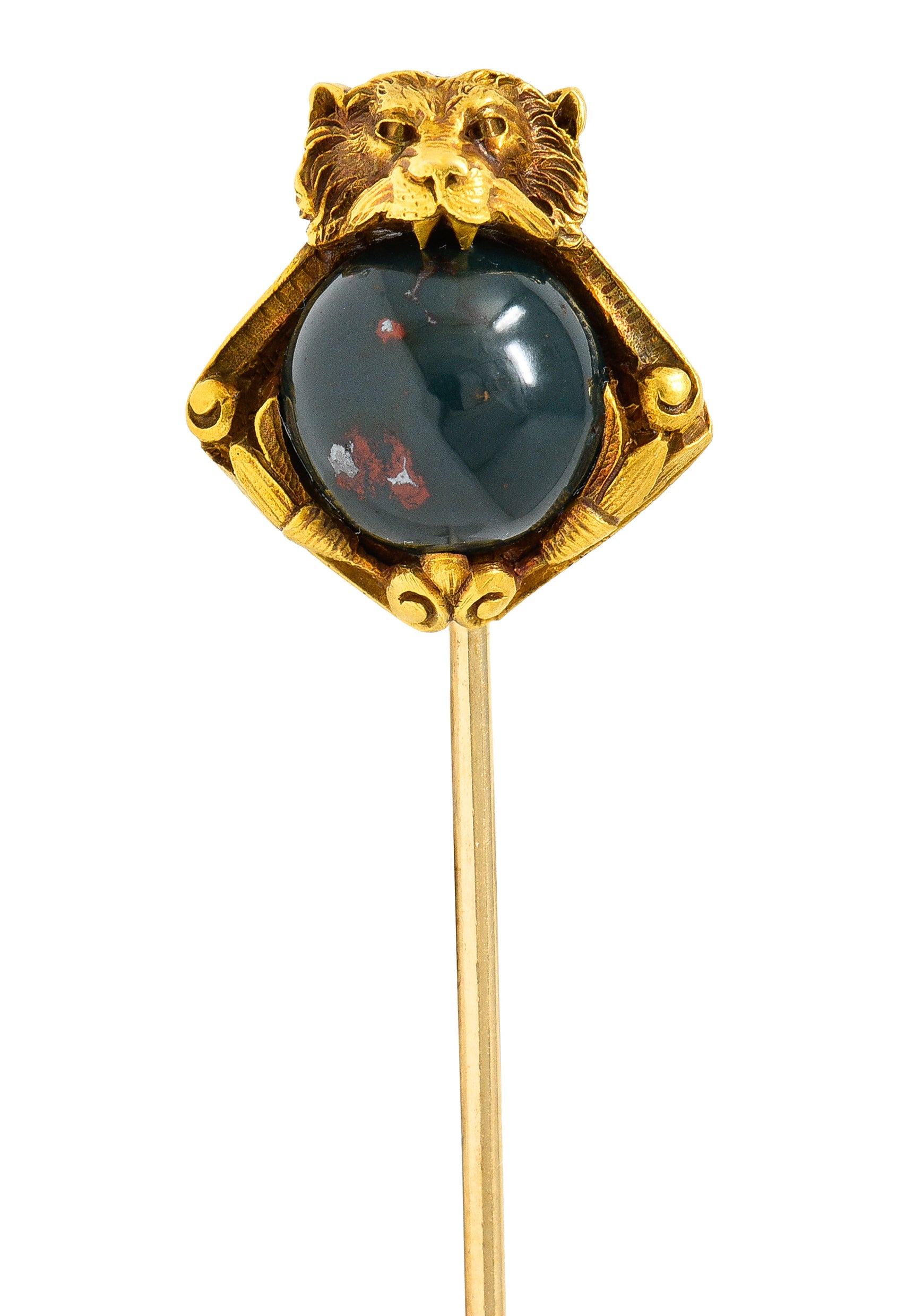 Art Nouveau Bloodstone Cabochon 18 Karat Yellow Gold Lion Lotus Antique Murrle Bennet Stickpin Wilson's Estate Jewelry