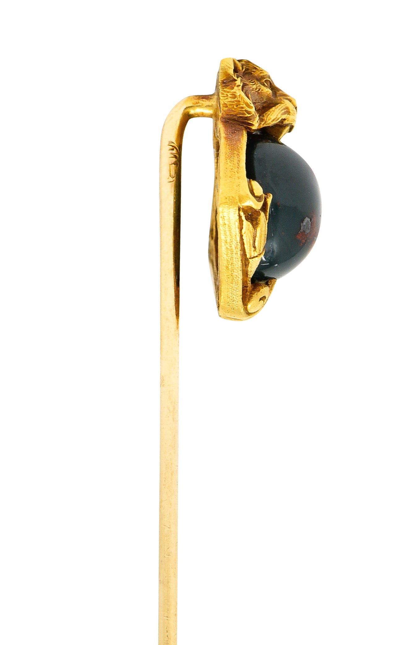 Art Nouveau Bloodstone Cabochon 18 Karat Yellow Gold Lion Lotus Antique Murrle Bennet Stickpin Wilson's Estate Jewelry