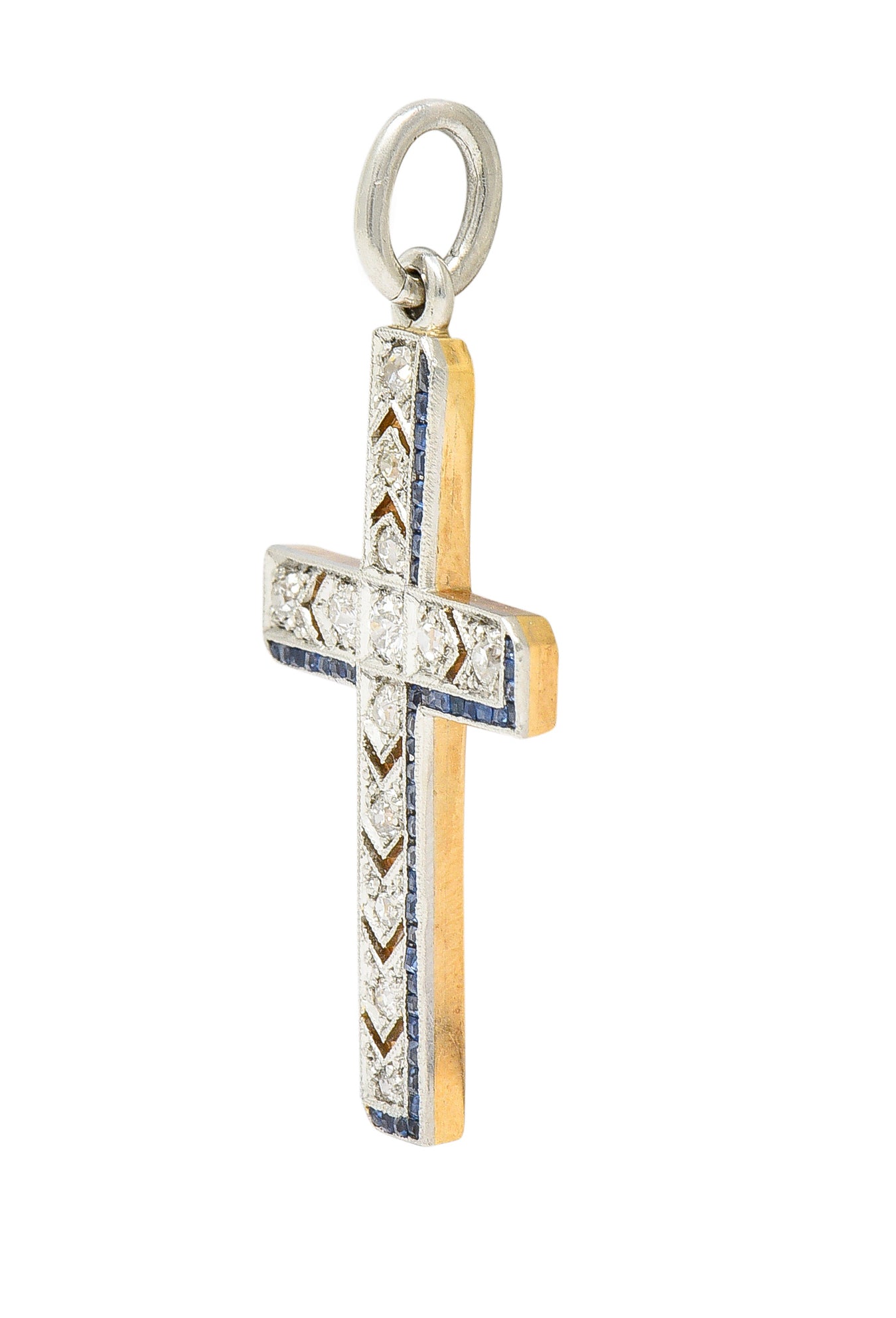 Art Deco 0.75 CTW Diamond Sapphire Platinum-Topped 14 Karat Yellow Gold Arrow Cross Pendant Wilson's Estate Jewelry