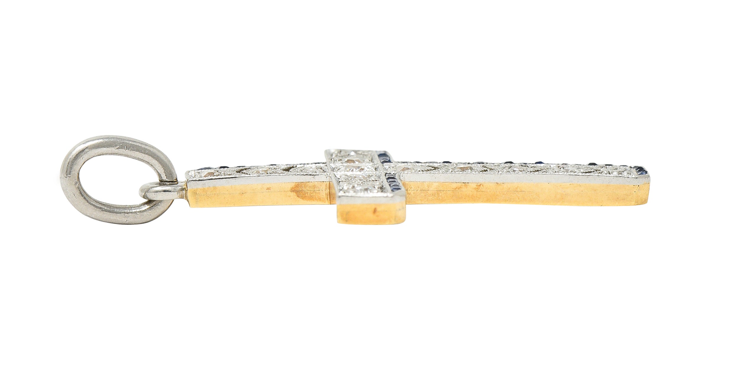 Art Deco 0.75 CTW Diamond Sapphire Platinum-Topped 14 Karat Yellow Gold Arrow Cross Pendant Wilson's Estate Jewelry