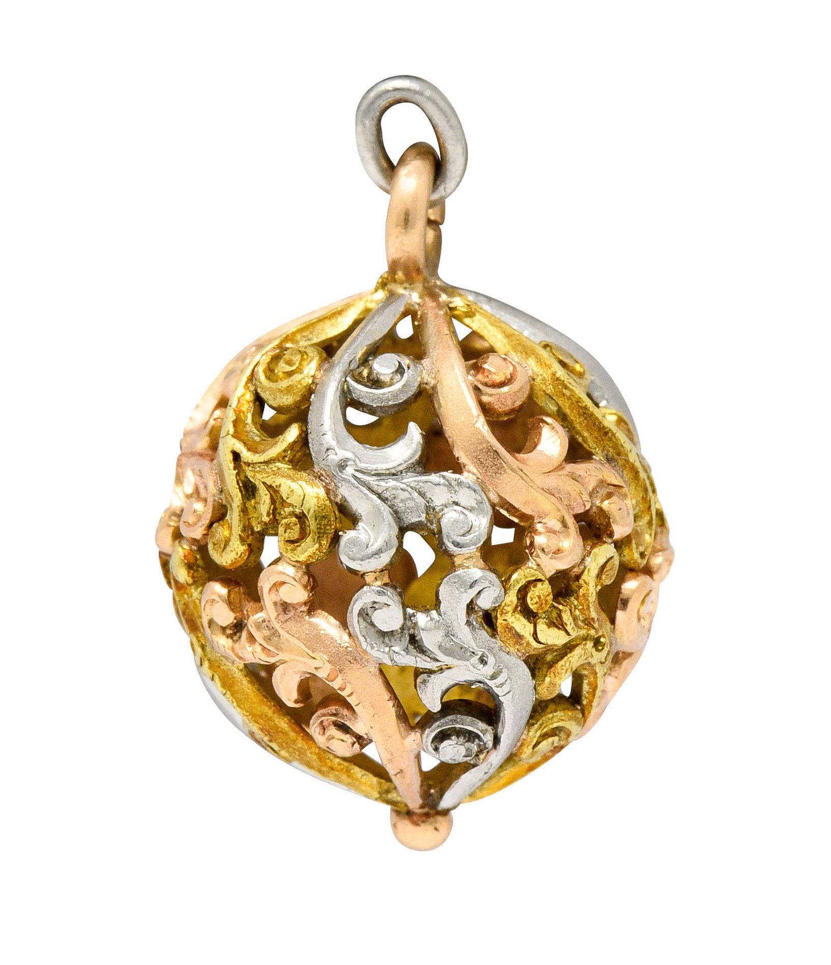 Art Nouveau 14 Karat Tri-Colored Gold Filigree Ball Charmcharm - Wilson's Estate Jewelry