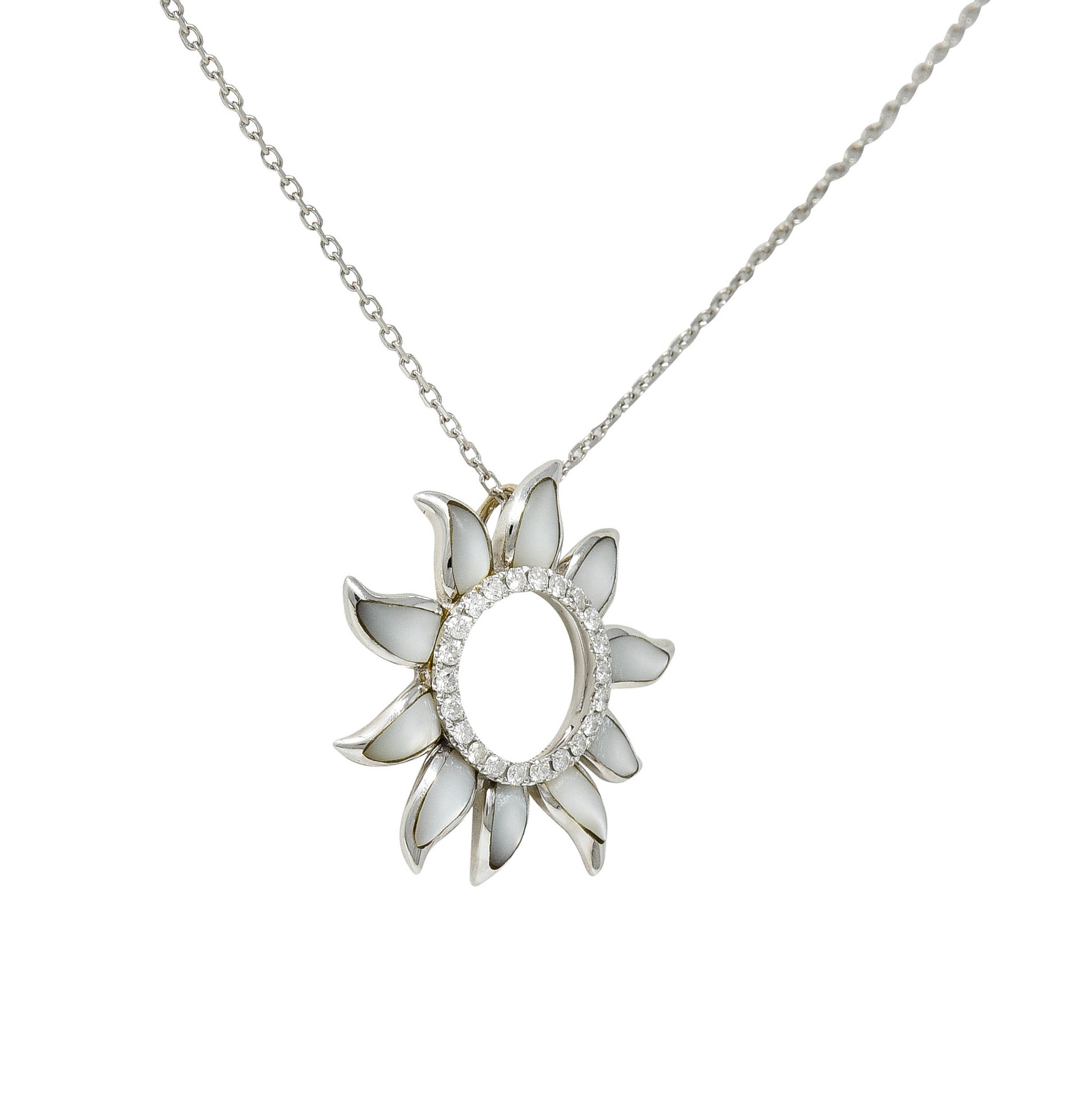 Hawaiian Na Hoku Mother-Of-Pearl Diamond 14 Karat White Gold Sun Pendant Necklace - Wilson's Estate Jewelry