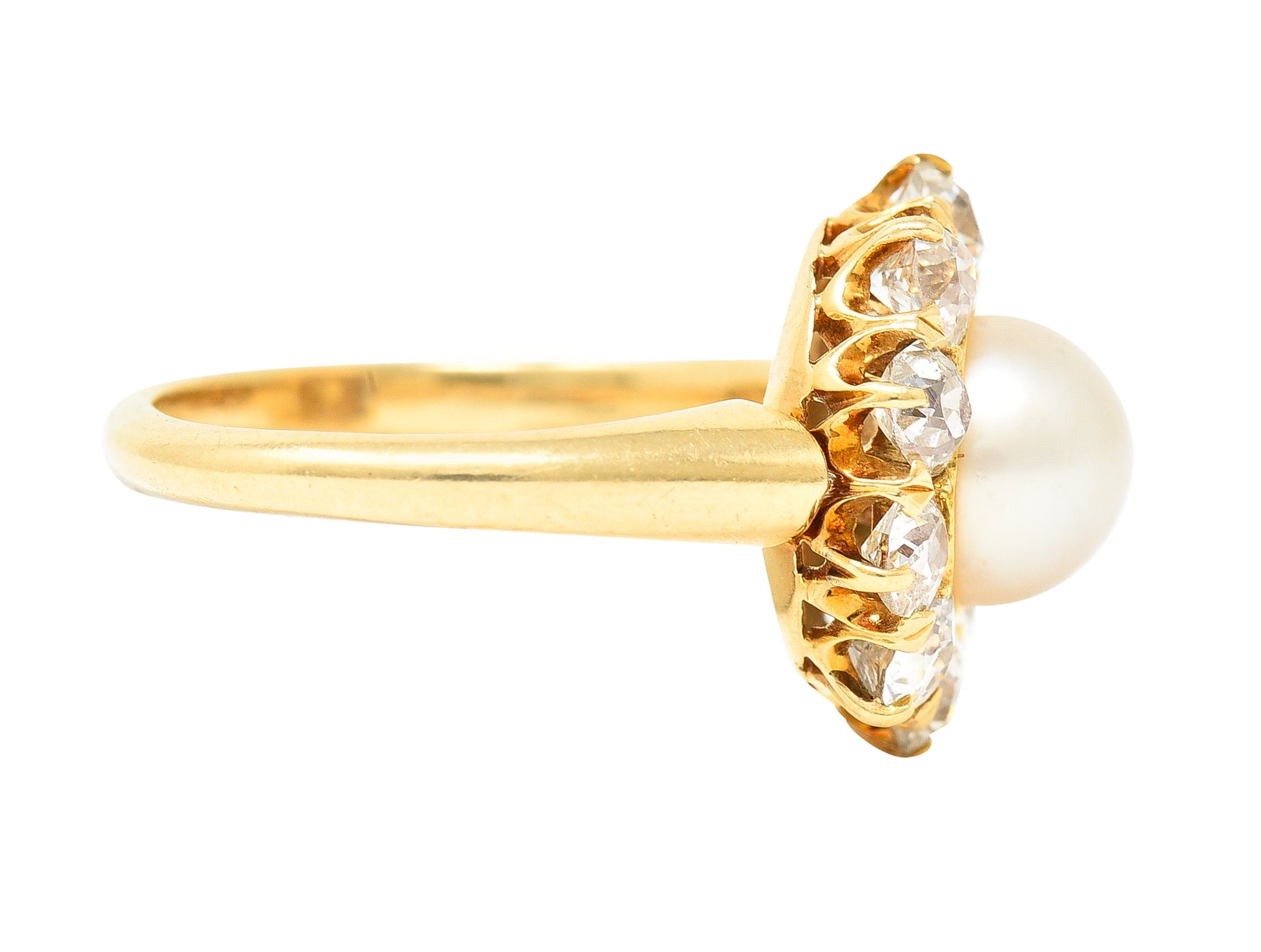 Victorian 0.80 CTW Old Mine Cut Diamond Natural Pearl 18 Karat Yellow Gold Antique Cluster Ring Wilson's Estate Jewelry