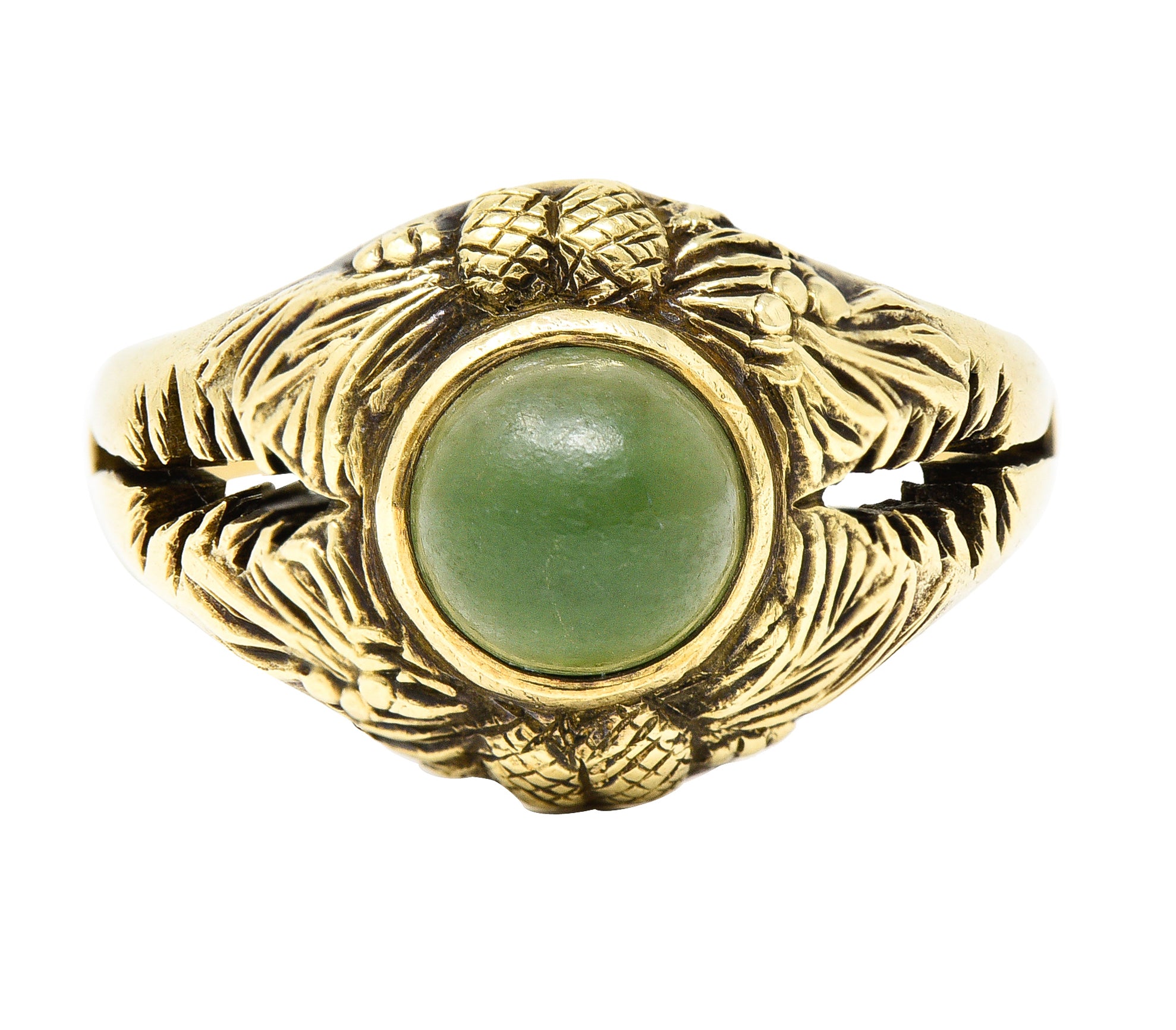 Frank Walter Lawrence Art Nouveau Jade Cabochon 14 Karat Yellow Gold Pine Cone Tree Unisex Antique Ring Wilson's Estate Jewelry