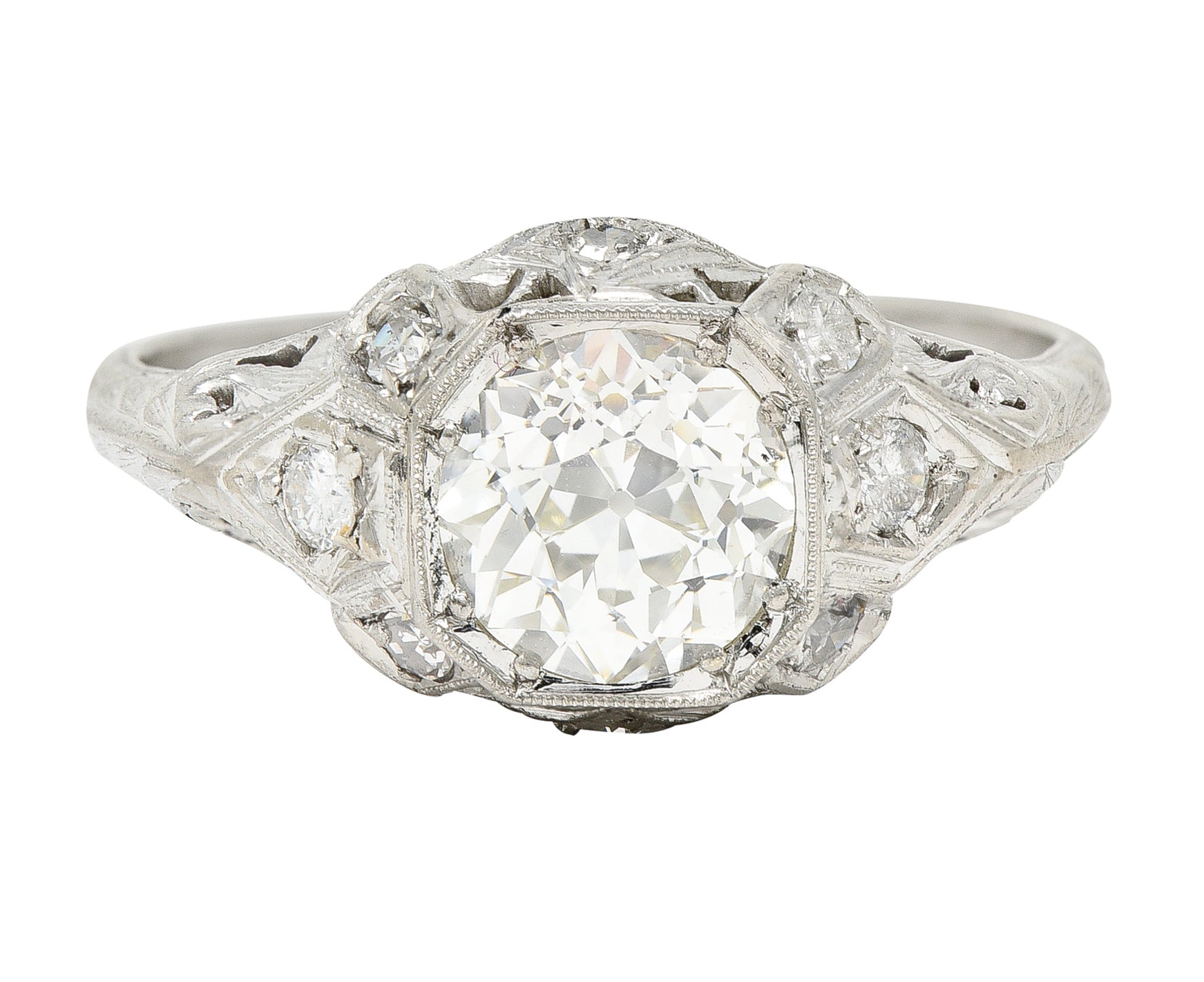 Edwardian Old European 1.64 CTW Diamond Platinum Foliate Antique Engagement Ring GIA Wilson's Estate Jewelry