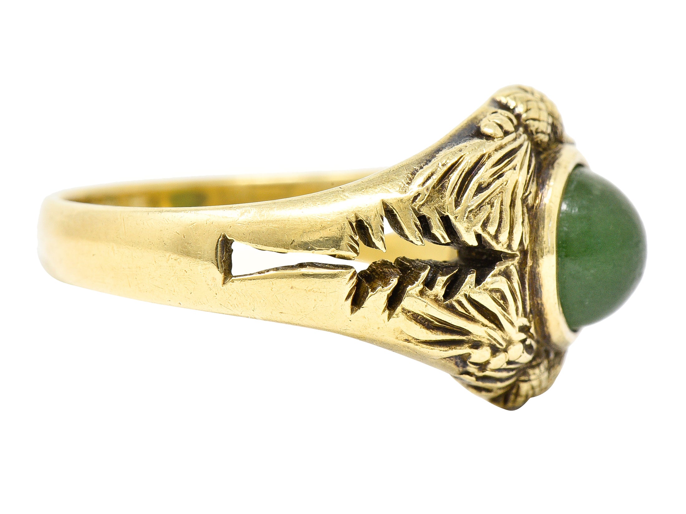 Frank Walter Lawrence Art Nouveau Jade Cabochon 14 Karat Yellow Gold Pine Cone Tree Unisex Antique Ring Wilson's Estate Jewelry