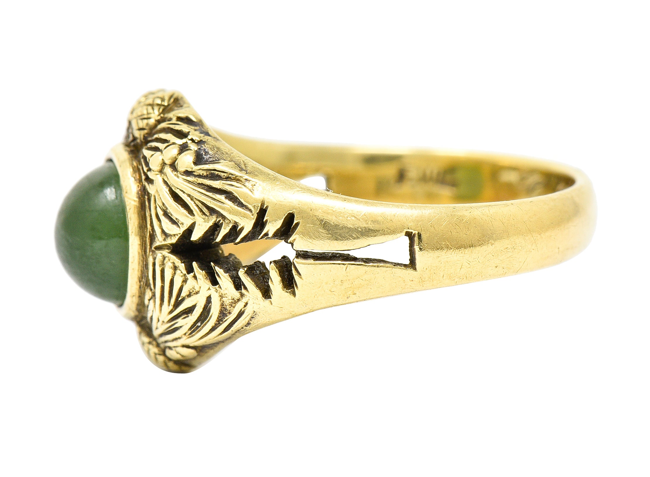 Frank Walter Lawrence Art Nouveau Jade Cabochon 14 Karat Yellow Gold Pine Cone Tree Unisex Antique Ring Wilson's Estate Jewelry