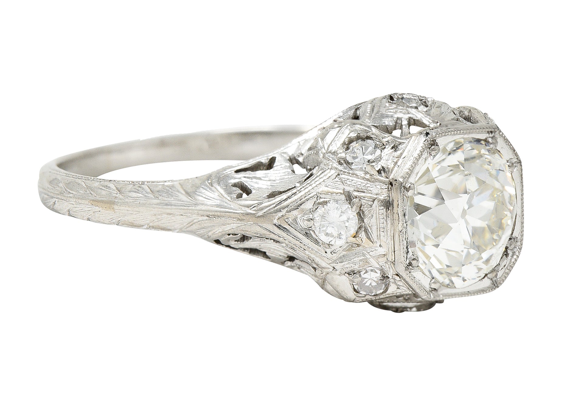 Edwardian Old European 1.64 CTW Diamond Platinum Foliate Antique Engagement Ring GIA Wilson's Estate Jewelry