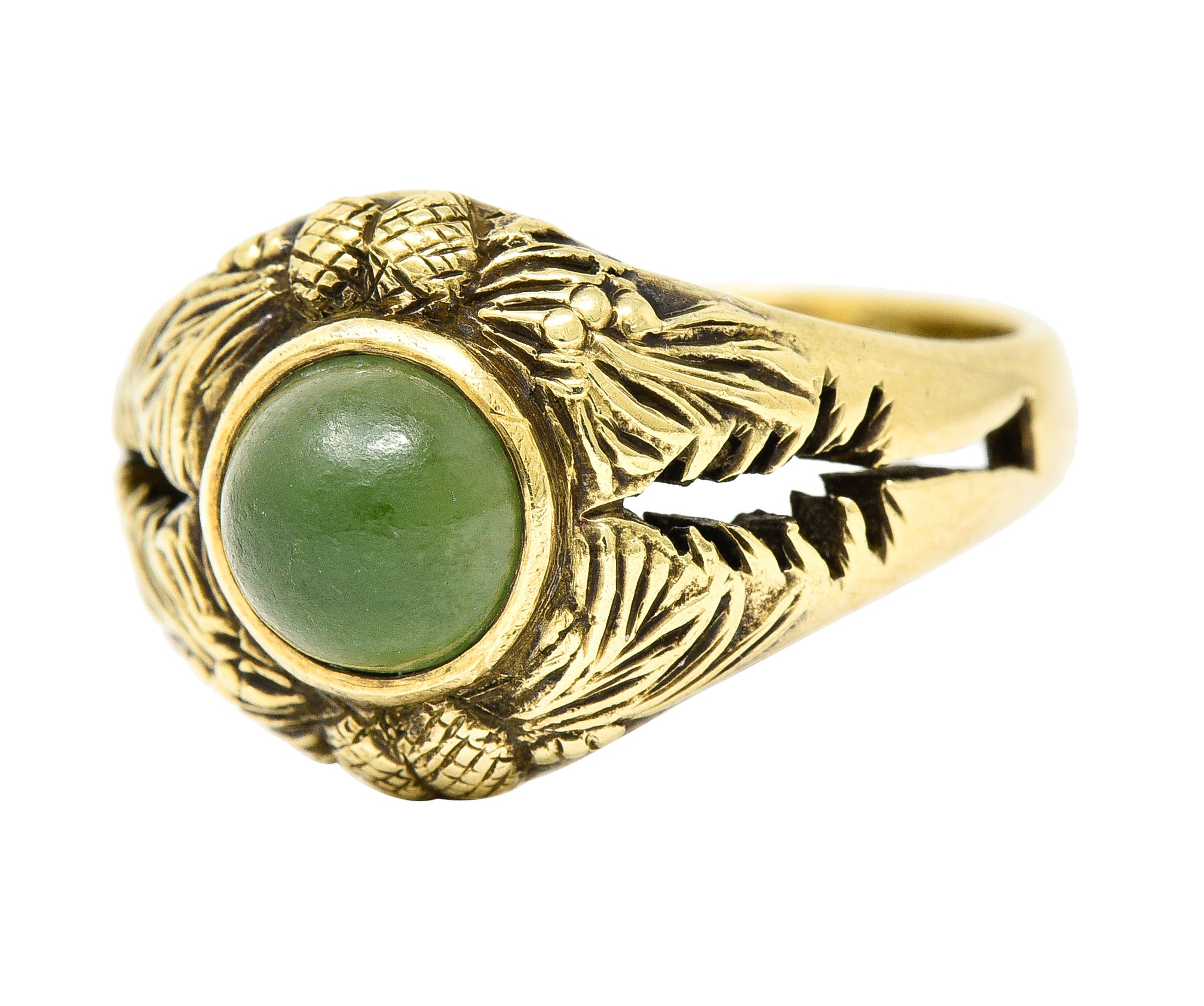 Frank Walter Lawrence Art Nouveau Jade Cabochon 14 Karat Yellow Gold Pine Cone Tree Unisex Antique Ring Wilson's Estate Jewelry