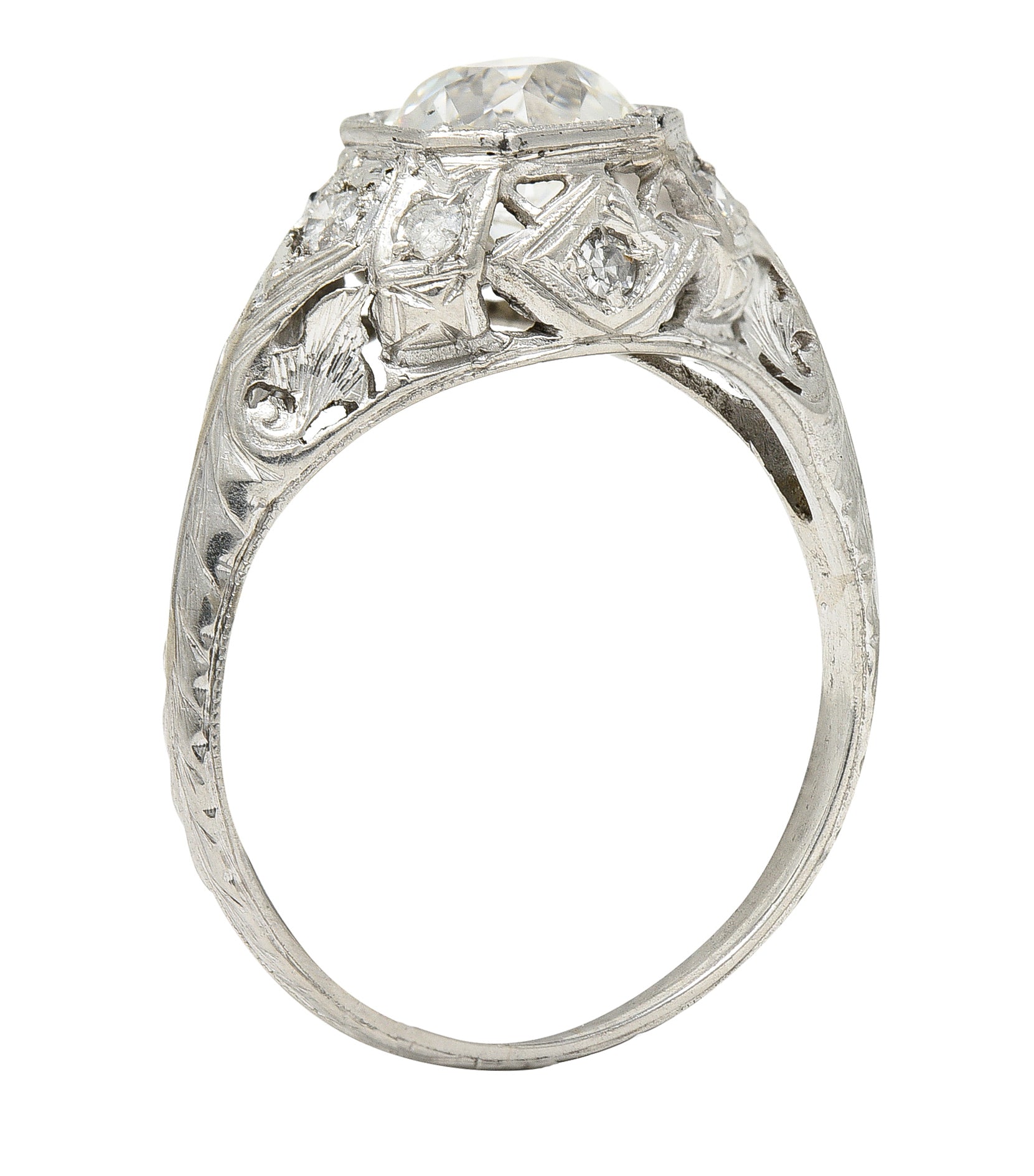 Edwardian Old European 1.64 CTW Diamond Platinum Foliate Antique Engagement Ring GIA Wilson's Estate Jewelry