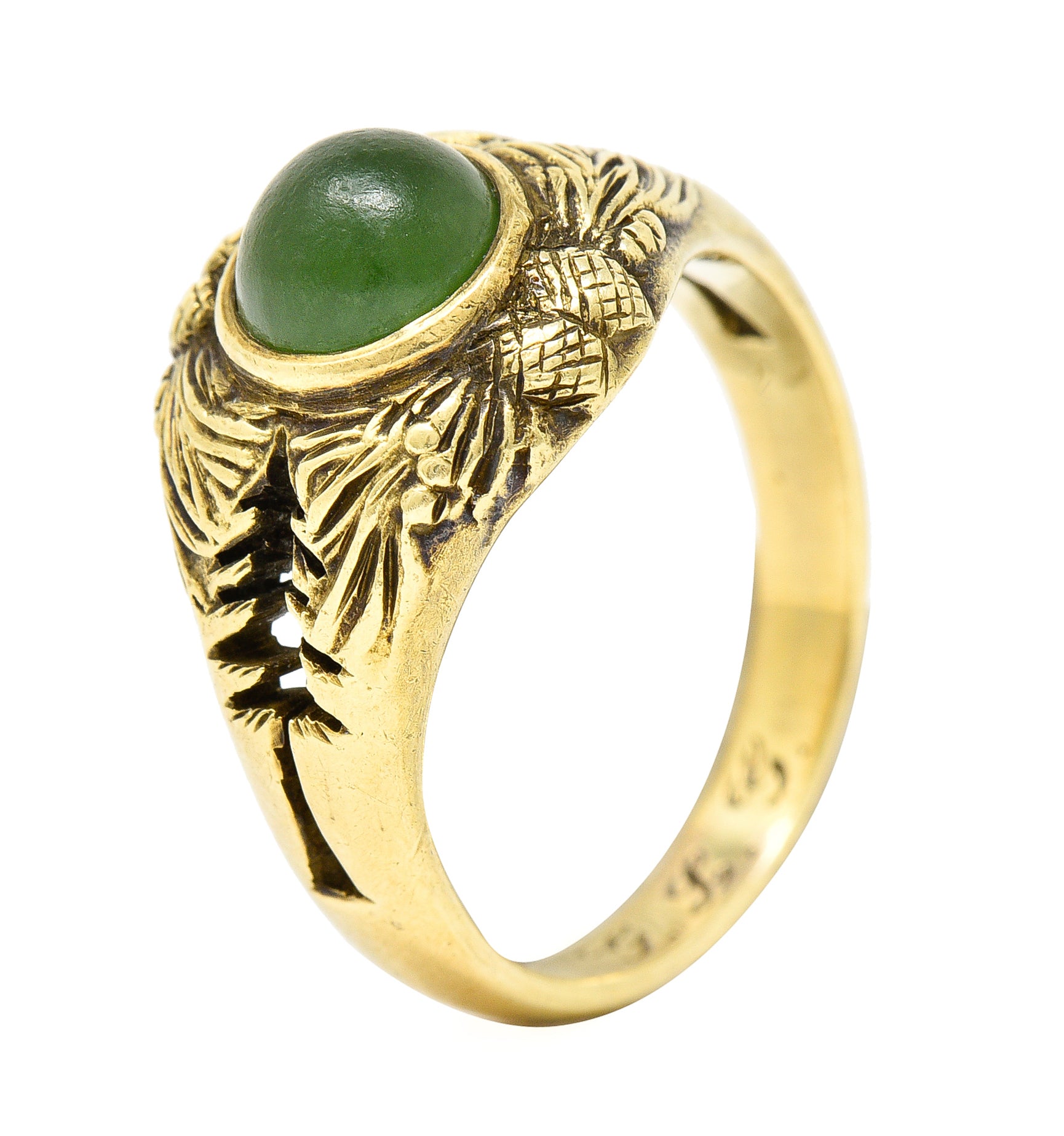 Frank Walter Lawrence Art Nouveau Jade Cabochon 14 Karat Yellow Gold Pine Cone Tree Unisex Antique Ring Wilson's Estate Jewelry