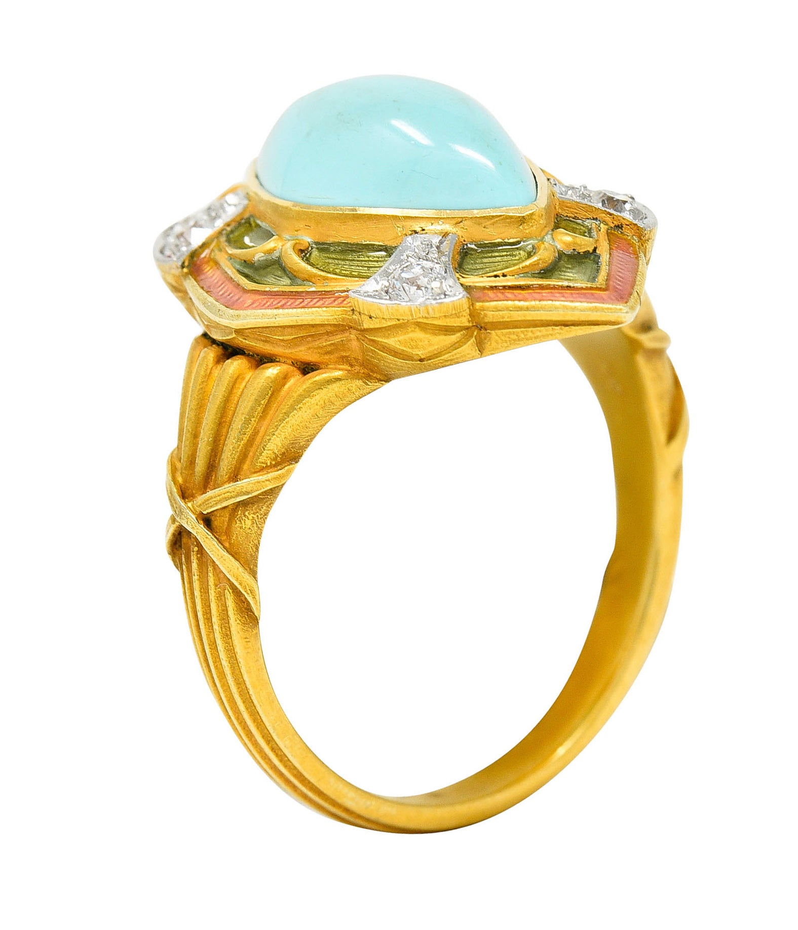 Art Nouveau Turquoise Diamond Enamel Platinum-Topped 14 Karat Gold Navette RingRing - Wilson's Estate Jewelry