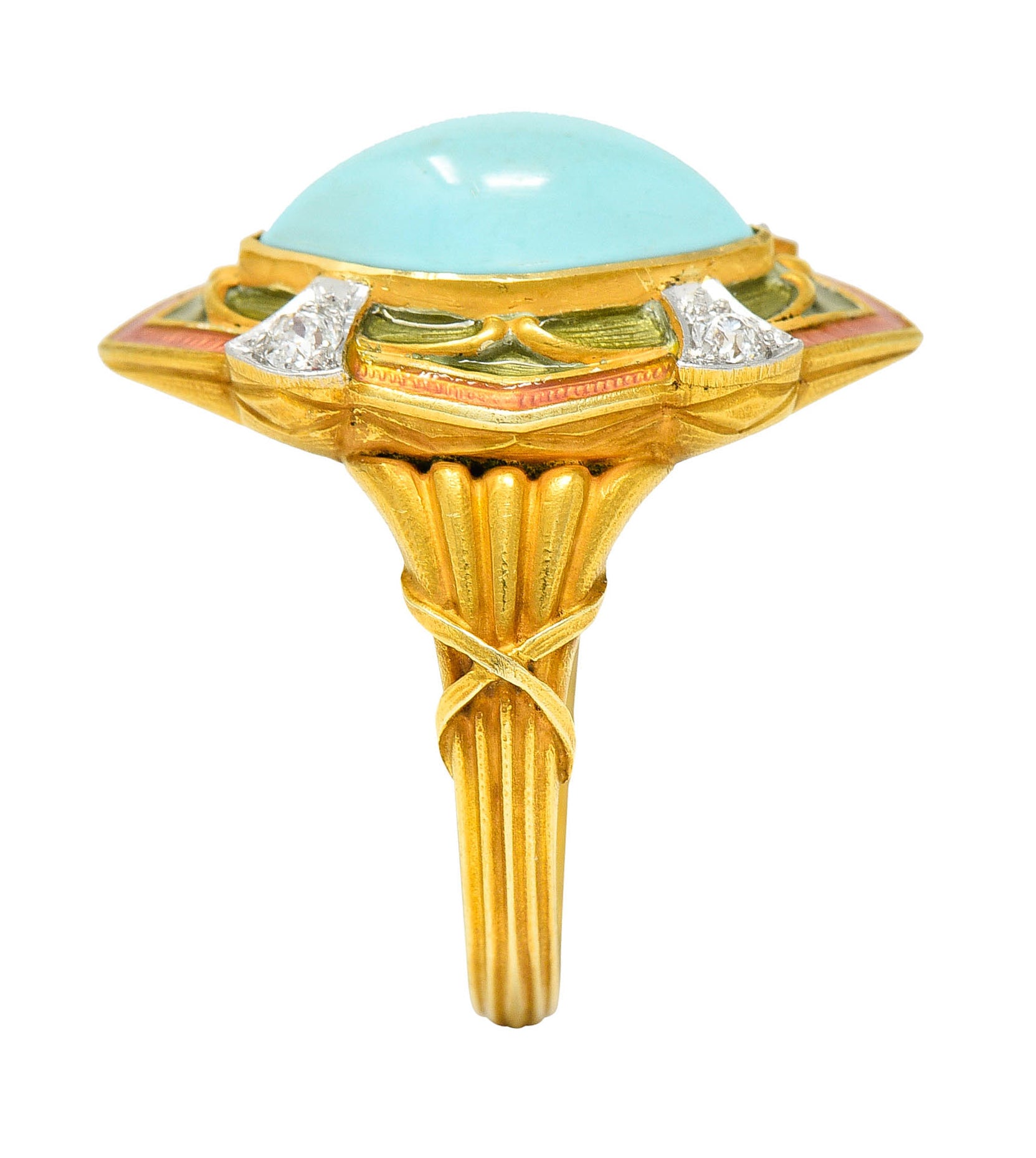 Art Nouveau Turquoise Diamond Enamel Platinum-Topped 14 Karat Gold Navette RingRing - Wilson's Estate Jewelry