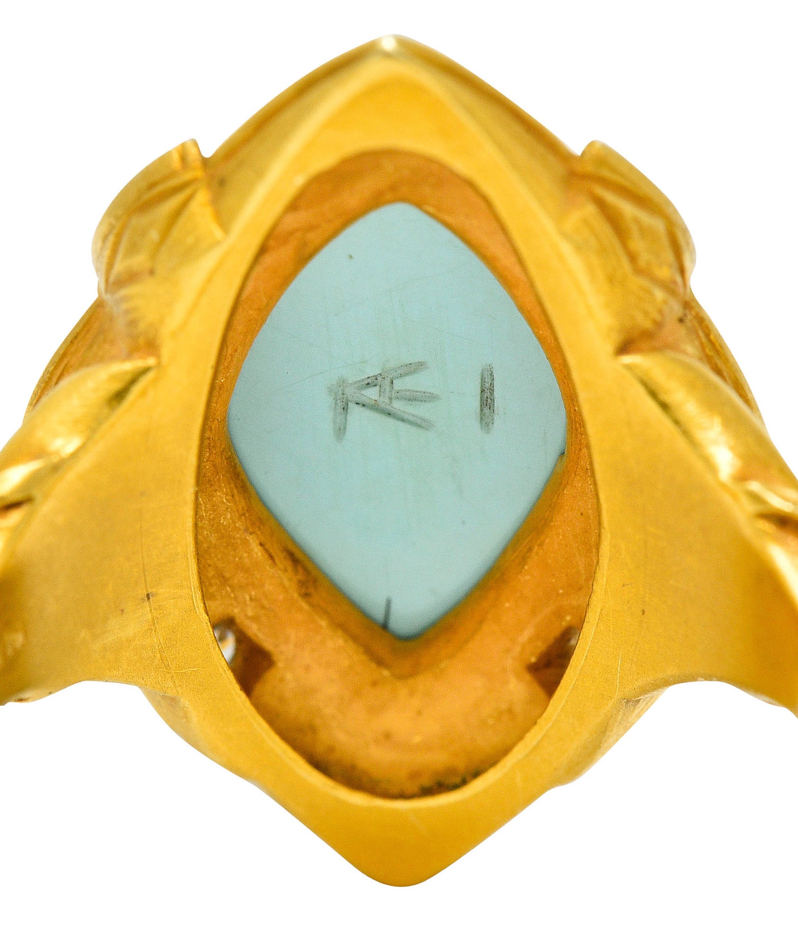 Art Nouveau Turquoise Diamond Enamel Platinum-Topped 14 Karat Gold Navette RingRing - Wilson's Estate Jewelry